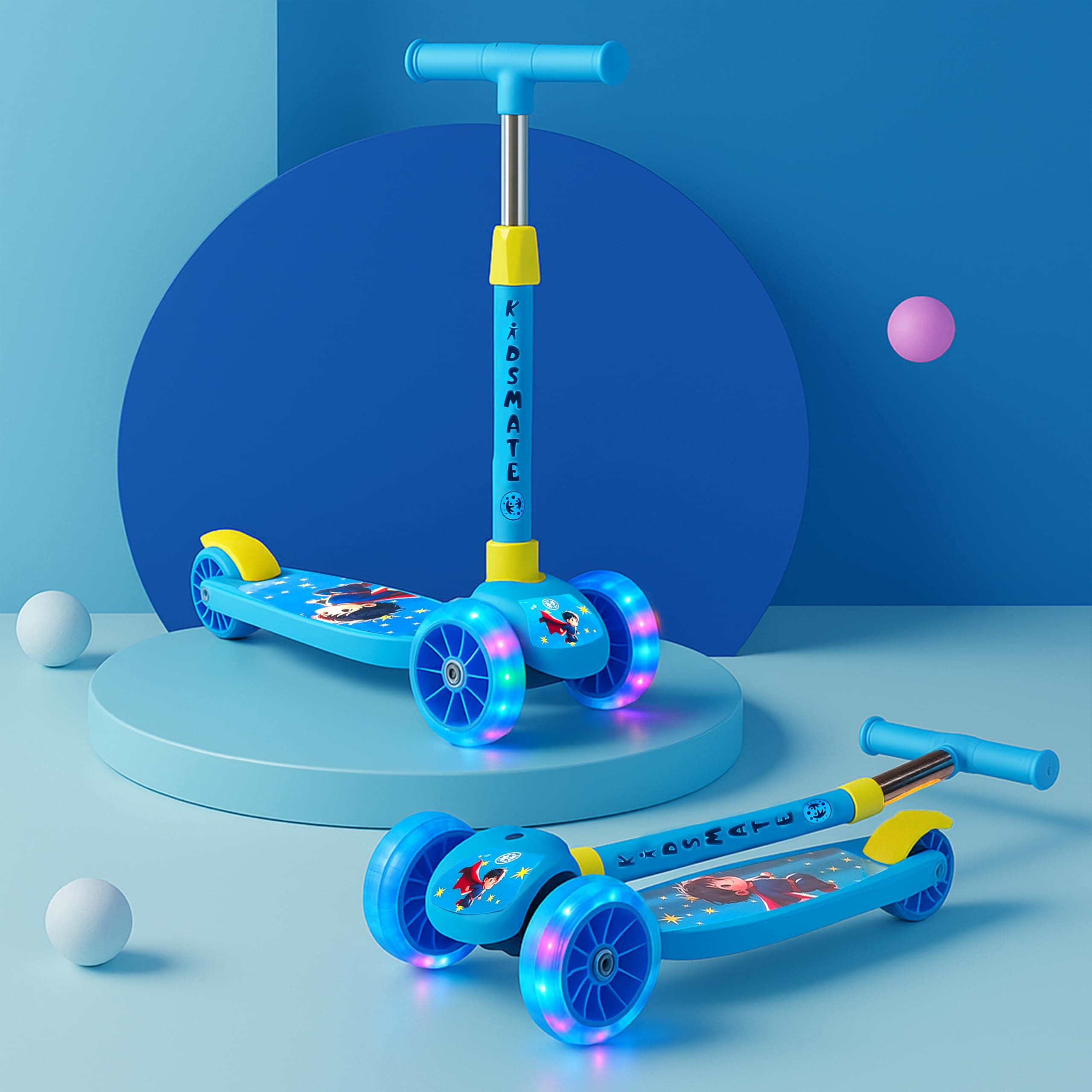 Kidsmate Rider Pro Kick Scooter with Broad PU LED Wheels | 3-Wheel Skating Scooter for Boys & Girls of Ages 2-12 Years | Level Adjustable Height, and Easy Fold Design (Blue)