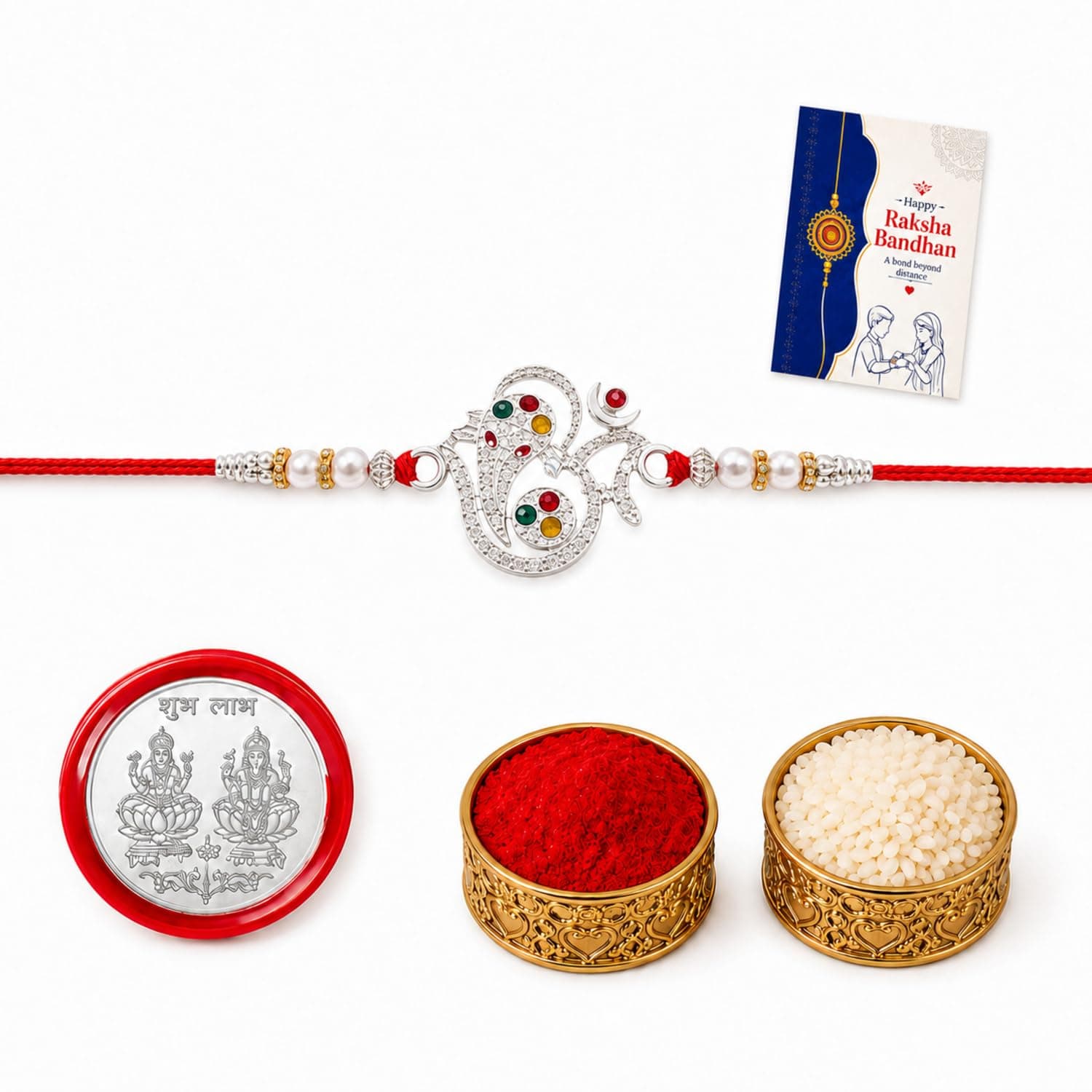 Oblivion Rakhi For Brother – Elegant OM Design Sylish Rakhi with Colorful Beads wtih Silver Color Pooja Coin, Tilak Set & Greeting Card - Traditional Raksha Bandhan Combo for Bhai (OM, Variant 1)