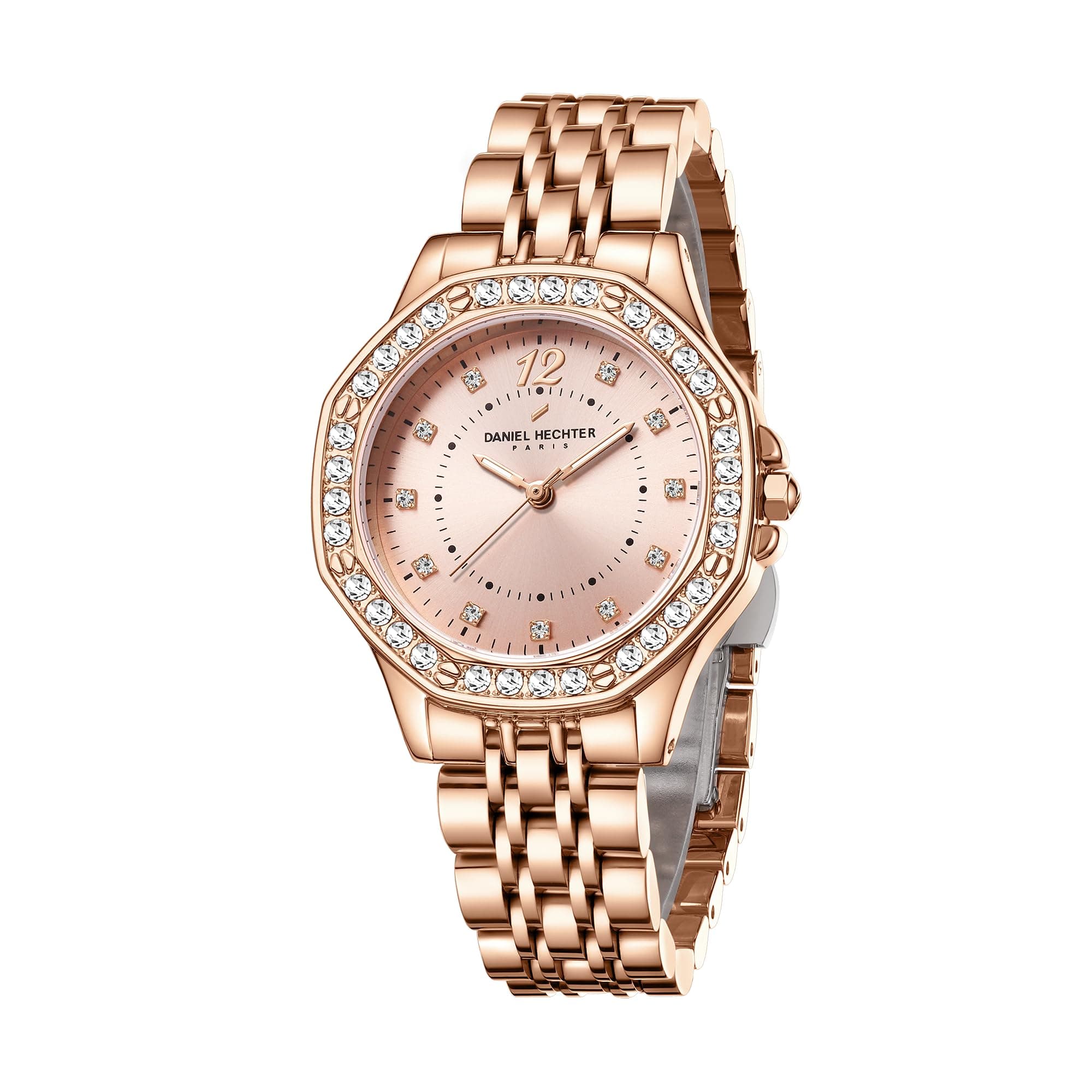 Daniel Hechter Paris Vendome Collection Analog Watch for Women with Round Dial, Crystal Studded Bezel, Crystal Accents and Stainless Steel Strap - DHW2009