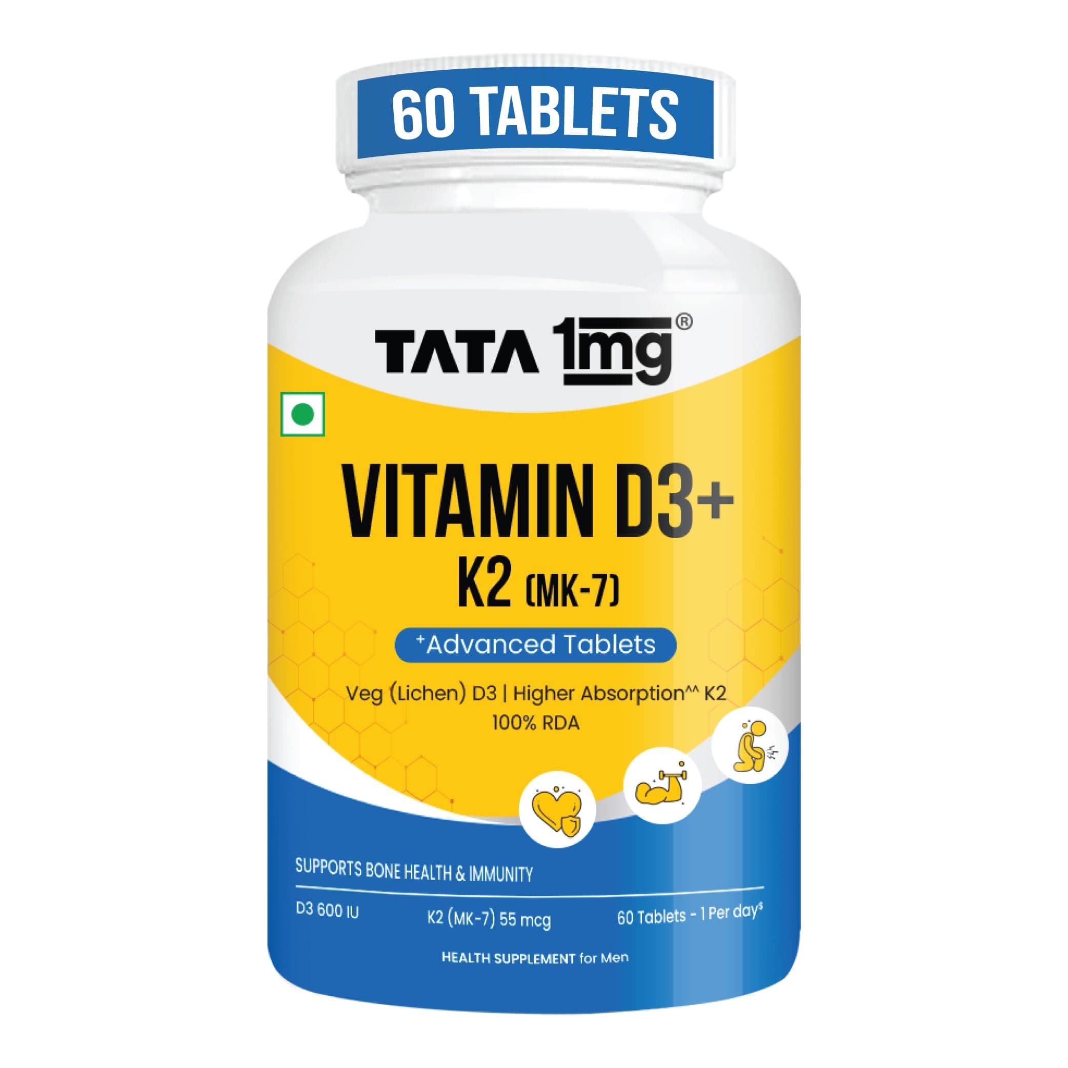 Tata 1mg Vitamin D3 + K2 (MK-7) | Supports Stronger Bones, Immunity & Calcium Absorption | 600 IU Vitamin D3 + 55 mcg K2 | Lichen Sourced, 100% Veg (60 Tablets)