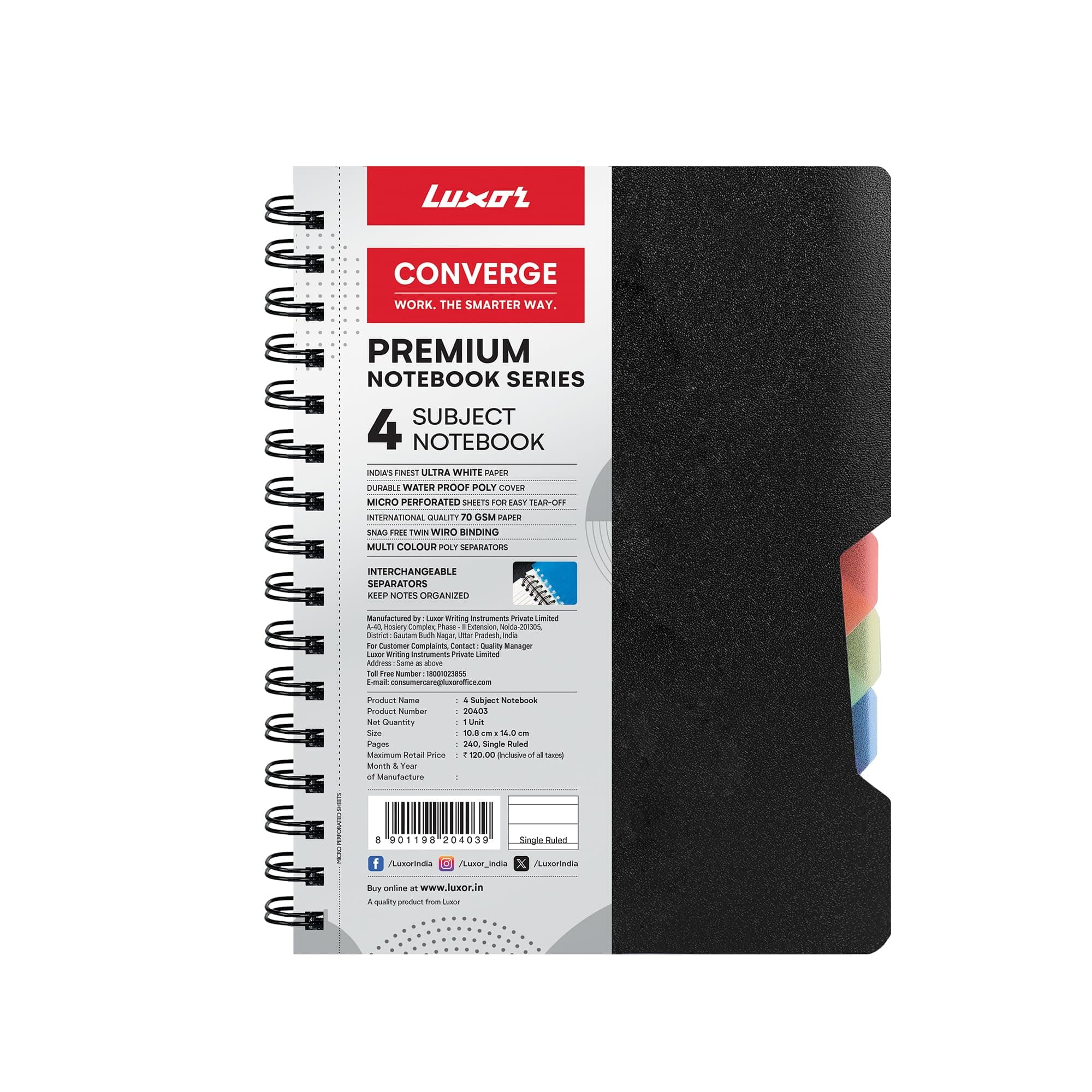 Luxor 4 Subject Notebook | 70 GSM Paper | Single Ruled | Pages - 240 | Count - 1 | 10.8 x 14.0 CM | Spiral Binding | Versatile for School, Home & Office | Pro & Student-Friendly