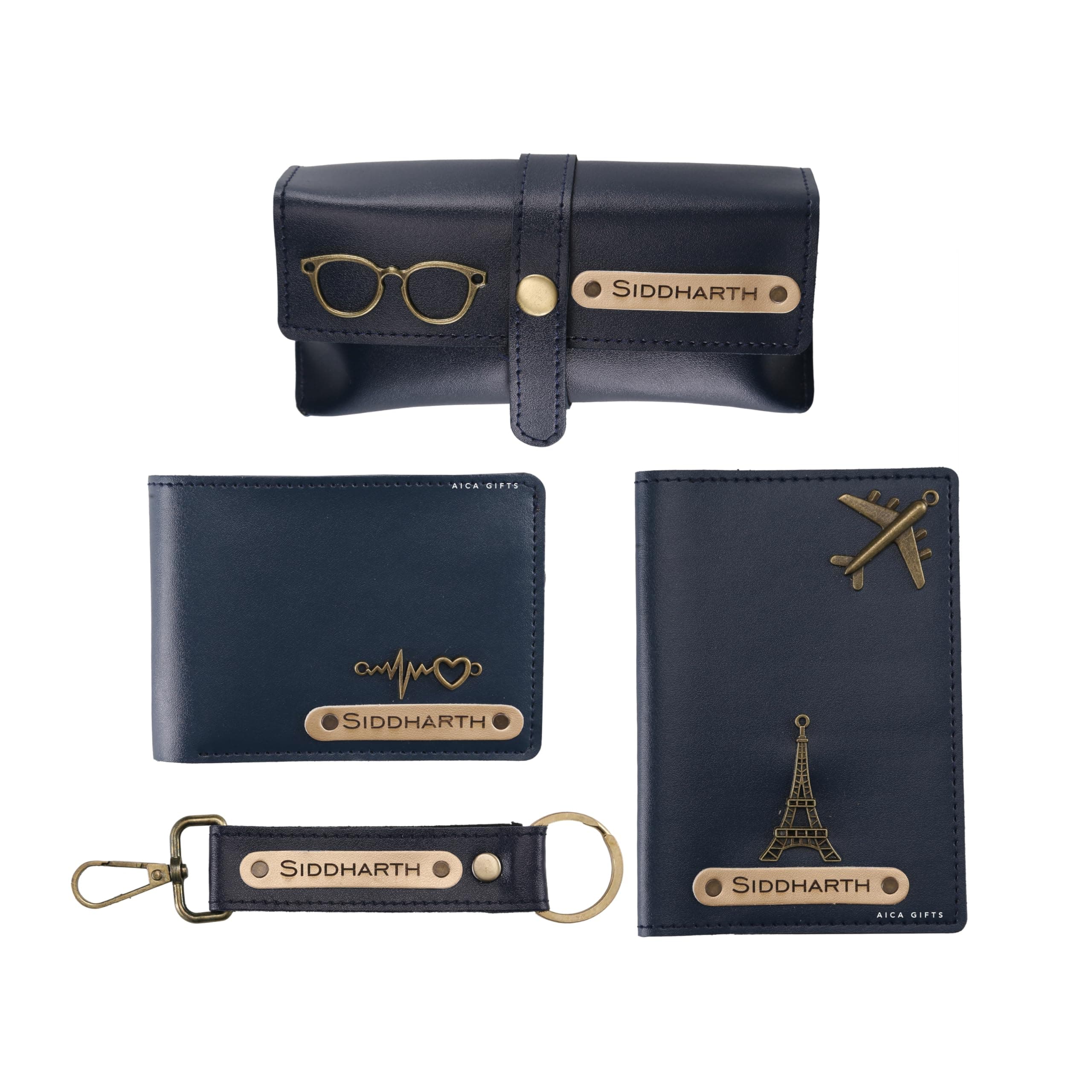 AICA Personalized Name & Charm Leather Wallet Mens Combo Giftset (Navy Blue) | Customized Birthday Anniversary Wedding Engagement Gifts for Brother Husband Father Boyfriend Boy Friend | Gifts Hamper