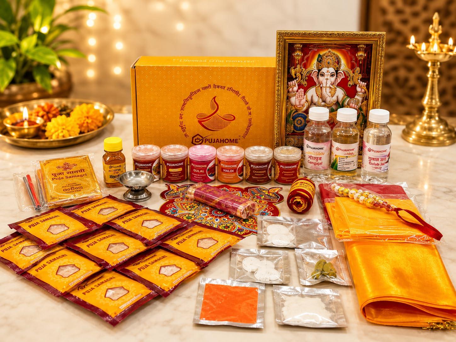 Pujahome Ganesh Puja Samagri Kit | 40+ Essential Ganesh Puja Items for Ganpati Pujan | Complete Ganesh Chaturthi Puja Saman Kit with Pooja Essentials for Home, Mandir, Ganesh Sthapana, Aarti & Worship