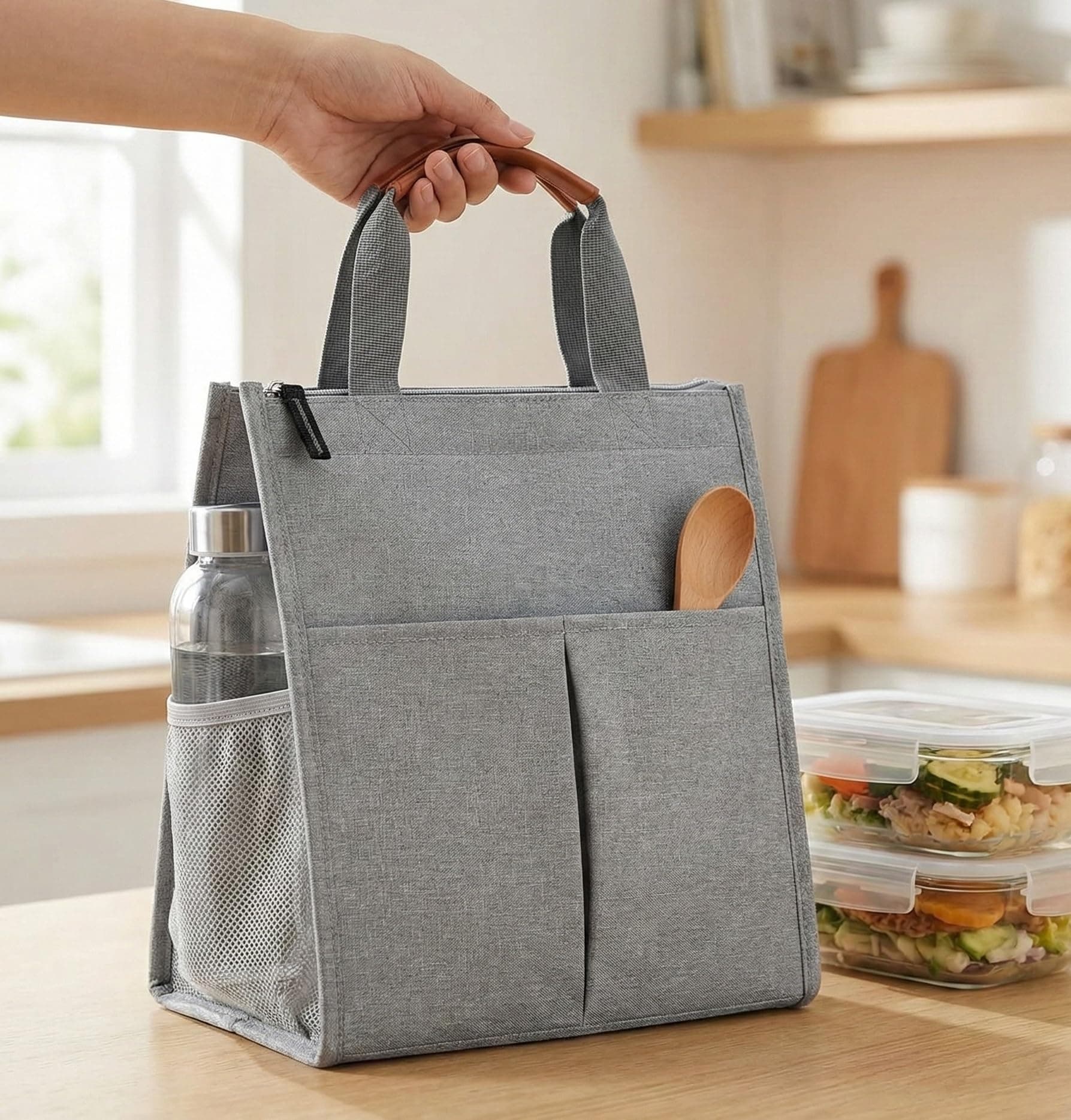 SaleOn Insulated Lunch Bag for Women & Men | Waterproof Soft Cooler Tote | Leakproof, Reusable with Pockets | Thermal Lunch Box for Office, Travel, Picnic (Light Grey)