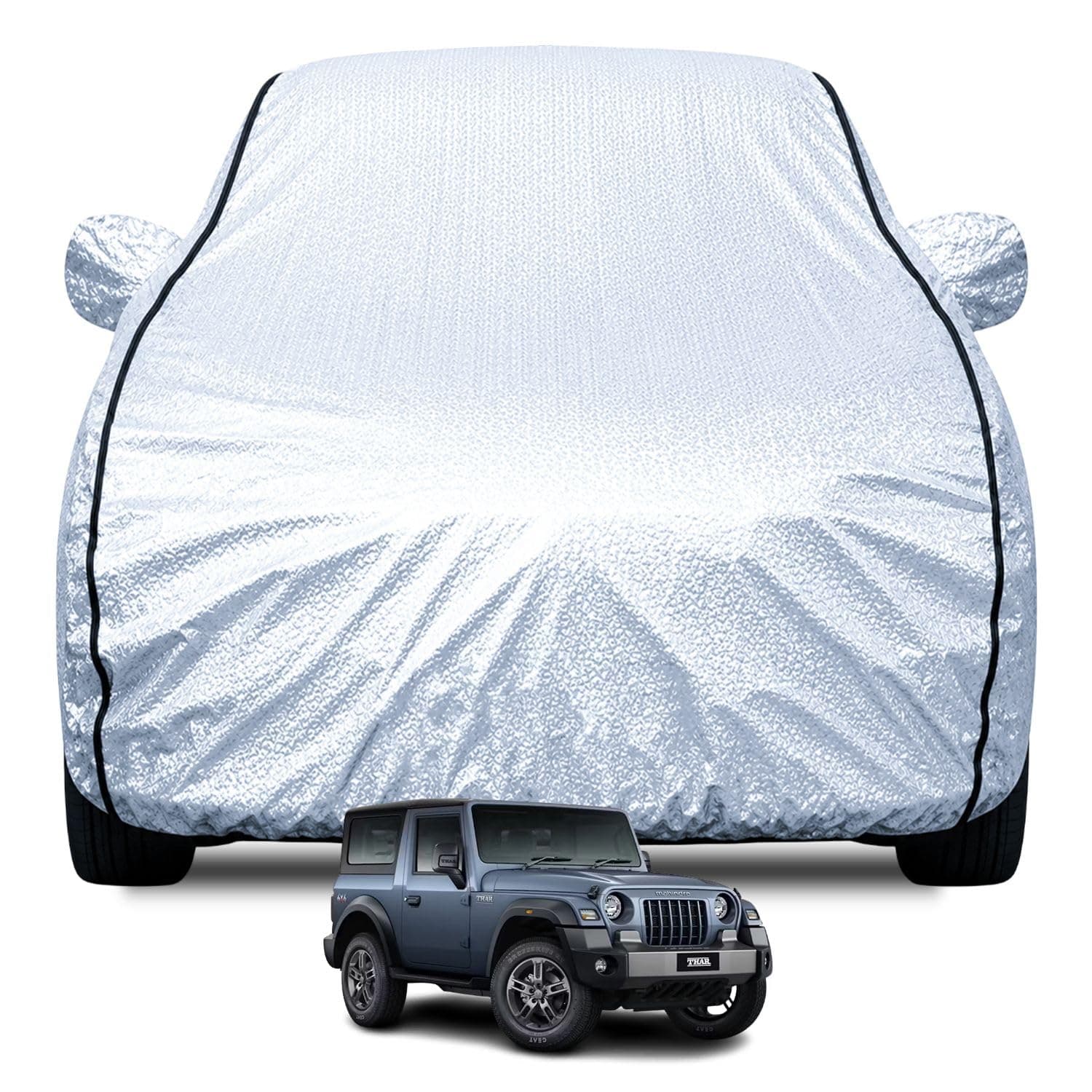 FABTEC Waterproof Car Body Cover for Mahindra Thar with Mirror Pocket, Soft Cotton Lining, Triple Stitched (Heat Resistant Metallic Silver with Black Piping)