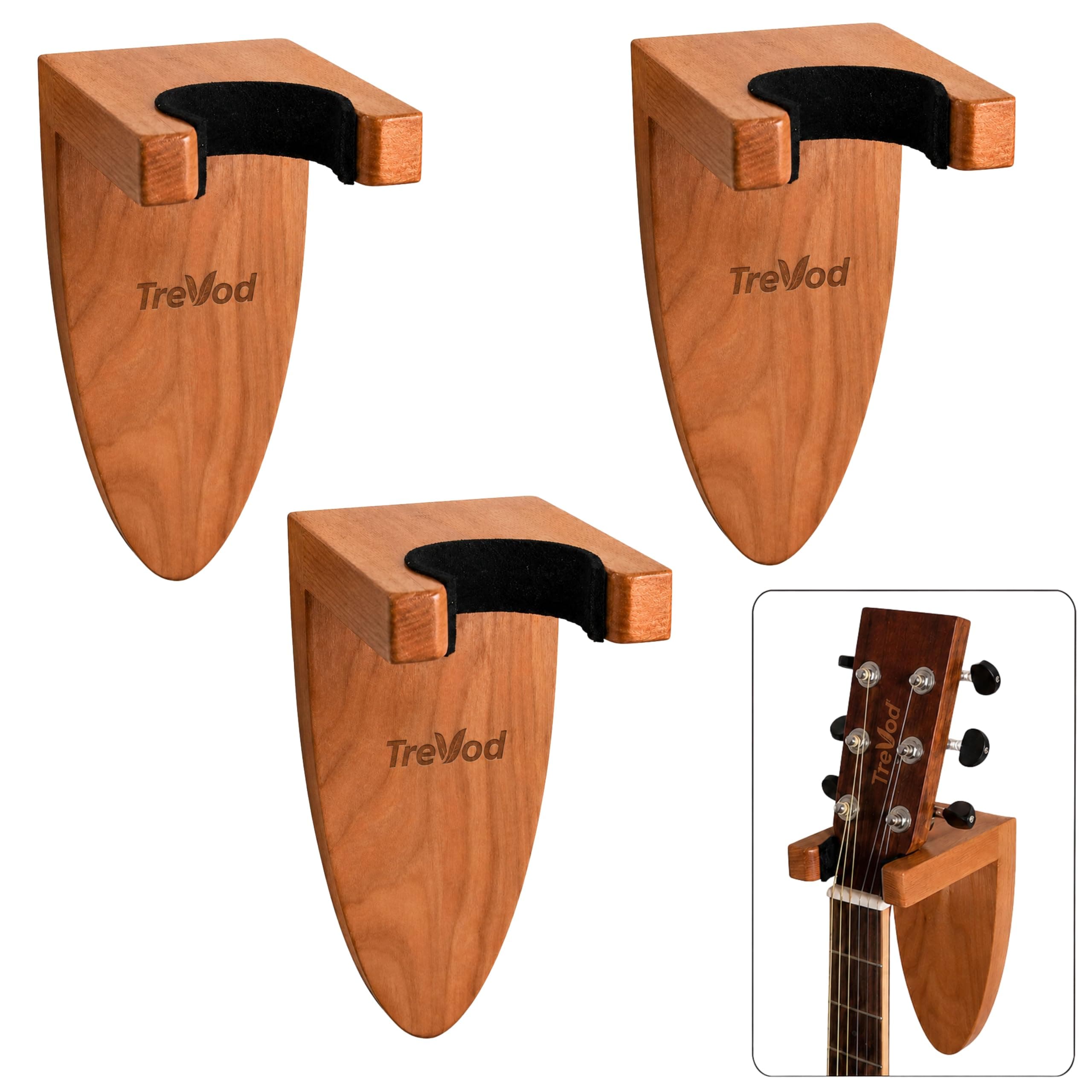 Guitar Wall Mount Hanger Holder, Premium Wooden Guitar Hook with Soft EVA Padding, Wooden Guitar Wall Rack Stand for Acoustic, Electric, Bass, Classical Guitar, Ukulele with Hardware Kit Pack of 3
