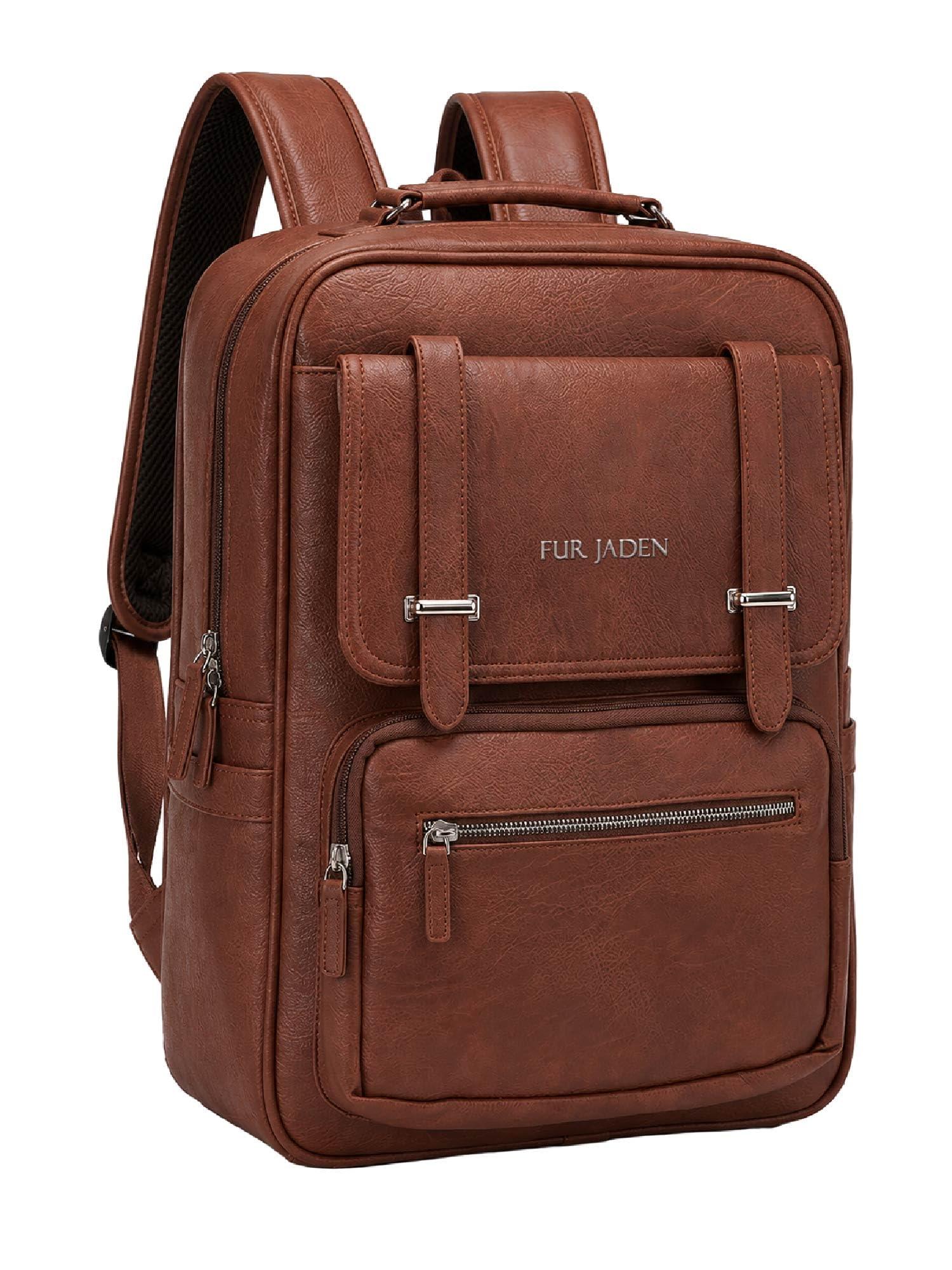 FUR JADEN Vegan Leather Stylish 15.6 Inch Laptop Backpack Travel Weekender Bag For Men Women (Tan)
