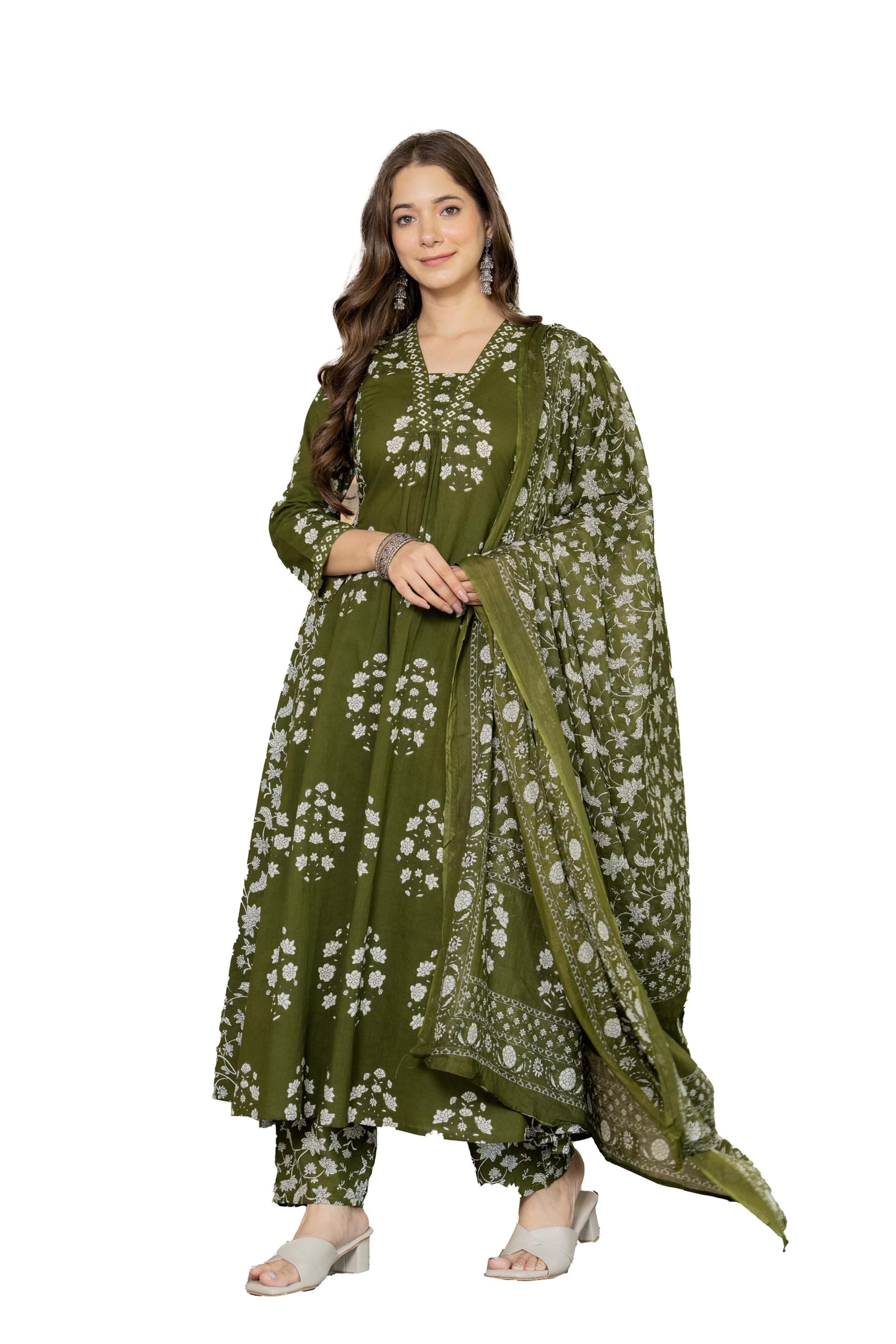 PARTHVI Women's Pure Cotton Block Printed Ethnic Wear Kurta & Palazzo Pants & Dupatta Set (W-1103-Green-XL)