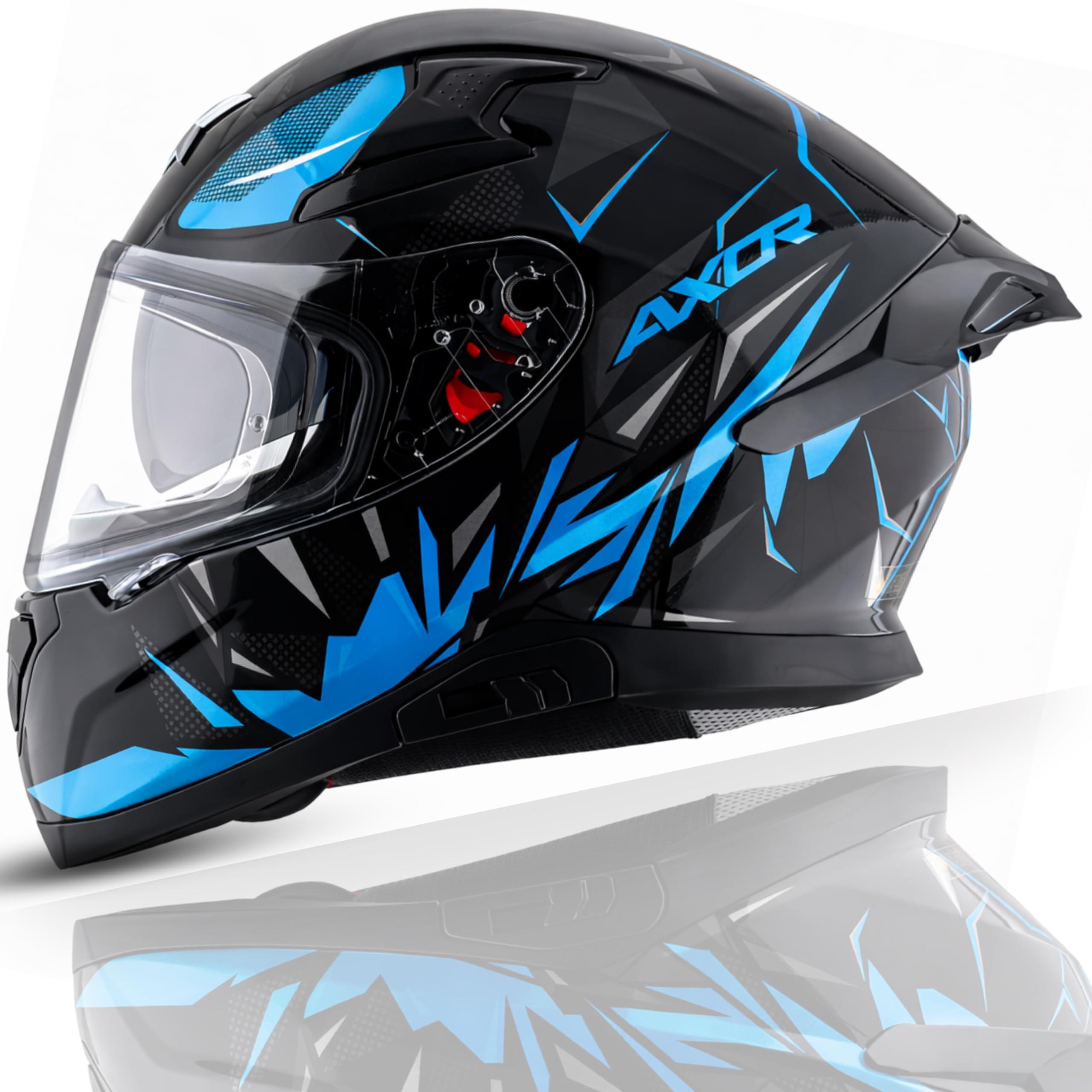 Axor Apex Hunter ISI ECE DOT Certified Full Face Dual Visor Helmet for Men and Women with Pinlock Fitted Outer Clear Visor and Inner Smoke Sun Visor Black Neon Blue Helmet-XL