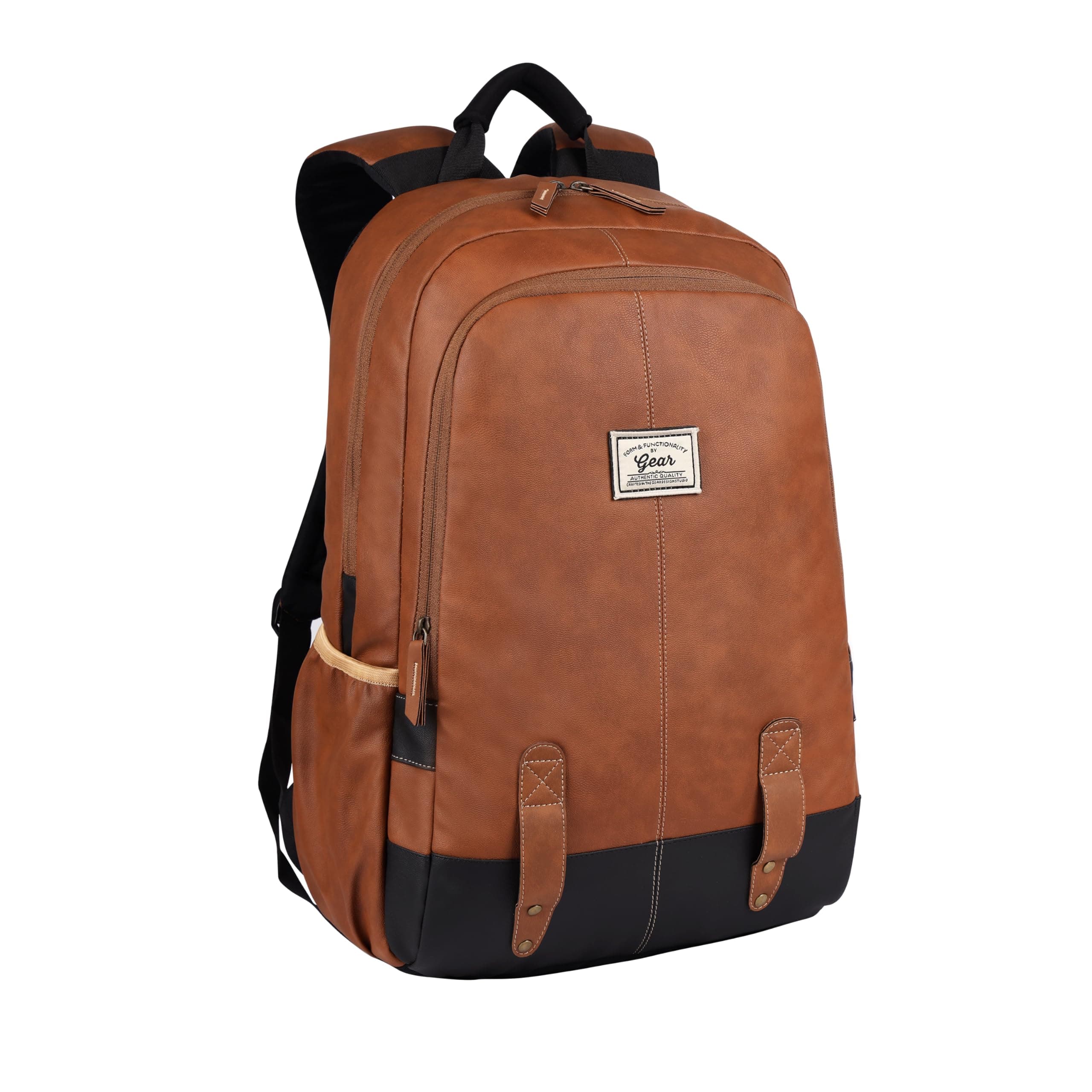 Gear Classic 20L Small Faux Leather Water Resistant Anti Theft 3 Compartment Laptop Backpack/Office Backpack for Men/Women (Tan-Black)
