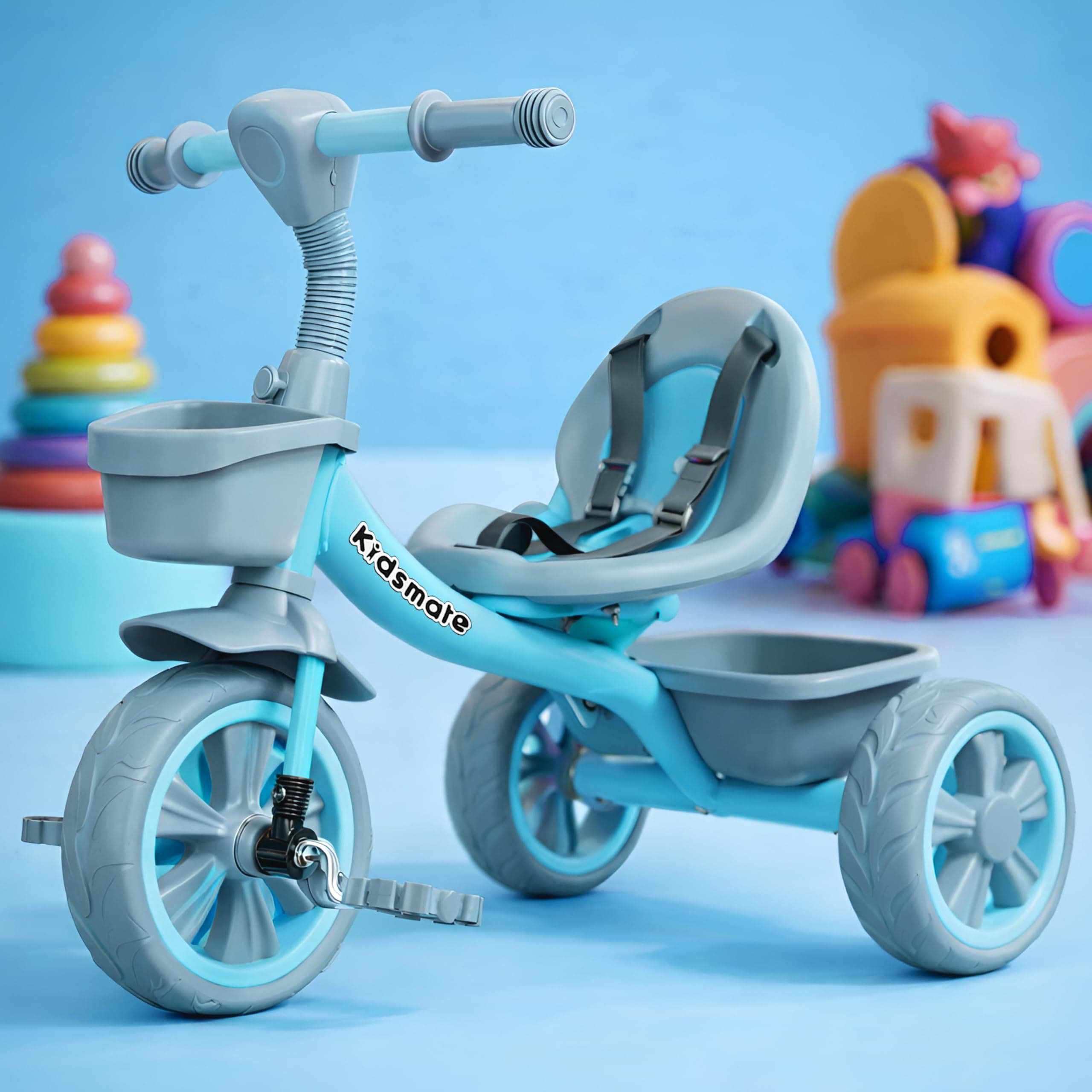 Kidsmate Starlight Premium Tricycle for Kids 2 to 5 yrs | Trikes for Boys & Girls | Baby Cycle with Eva Wheels, Bell and Toy Basket | Safe & Stylish Ride-On Bike | Max User Weight 30kg - Blue