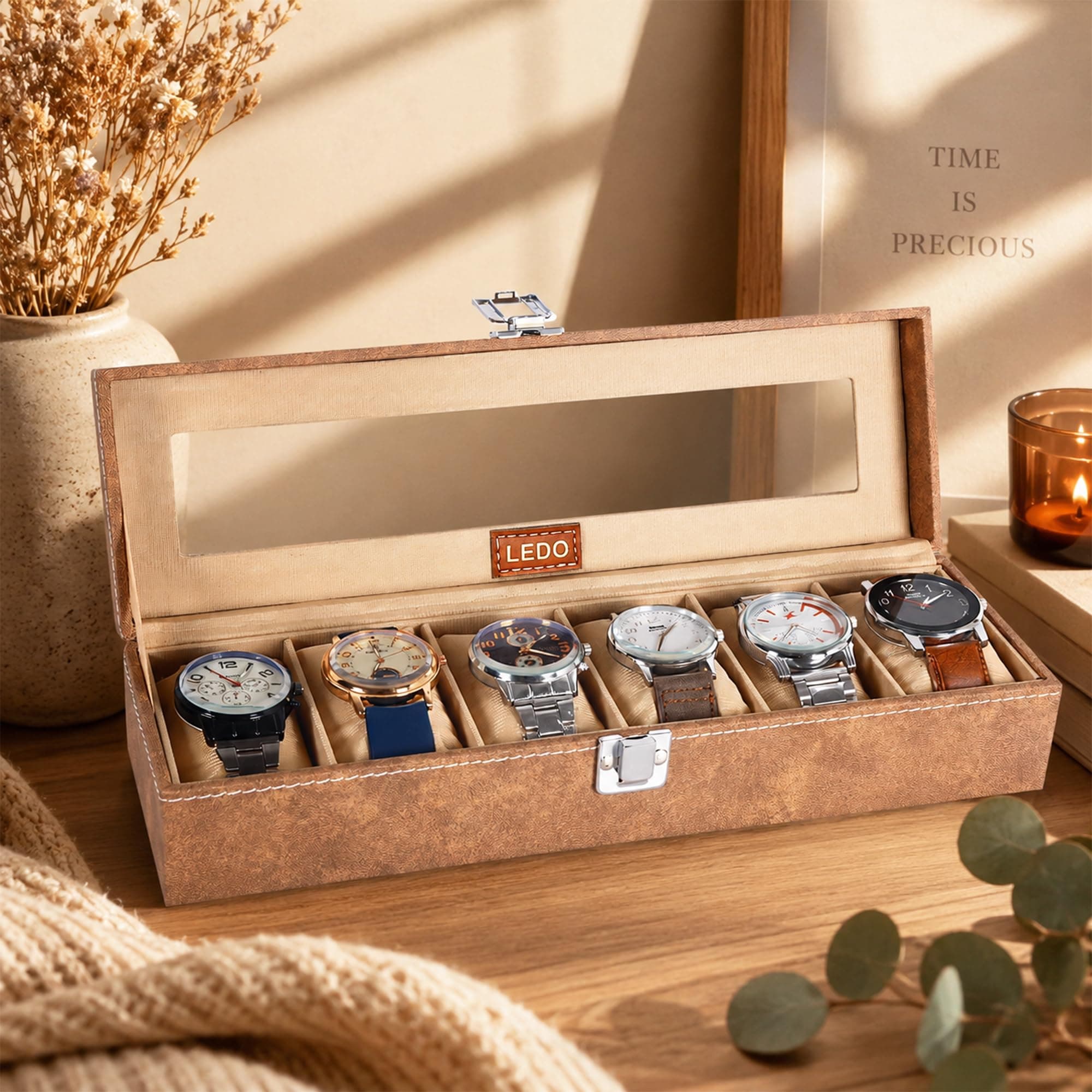 LEDO Luxury Watch Box Organizer, 6 Slot Display Case with Transparent Transparent Top, Cream PU Leather Exterior, Soft Cushioned Interior, Perfect for Storage and Gifting