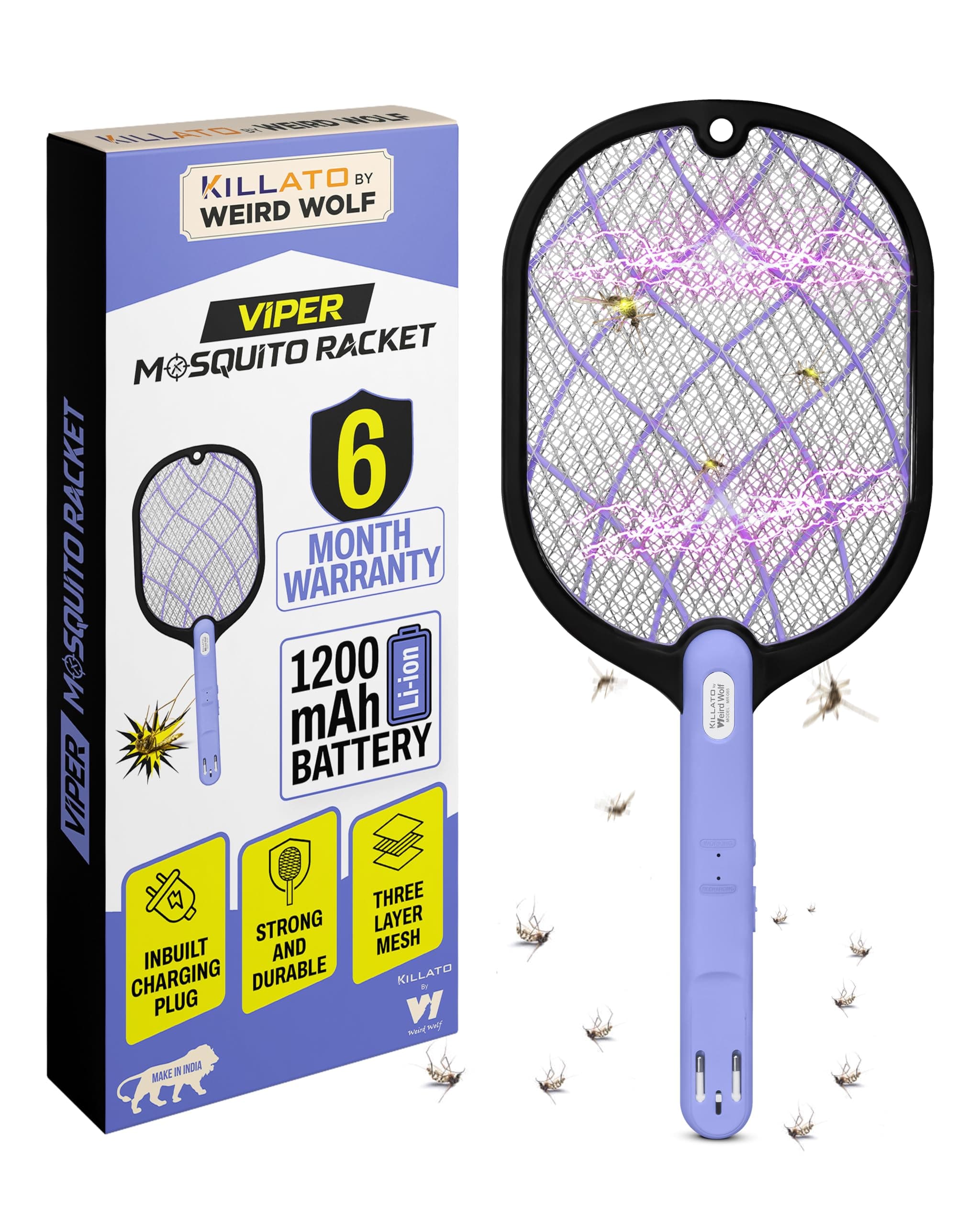 Weird Wolf Mosquito Killer Racket Bat | 1200mAh Li-ion Battery | Purple