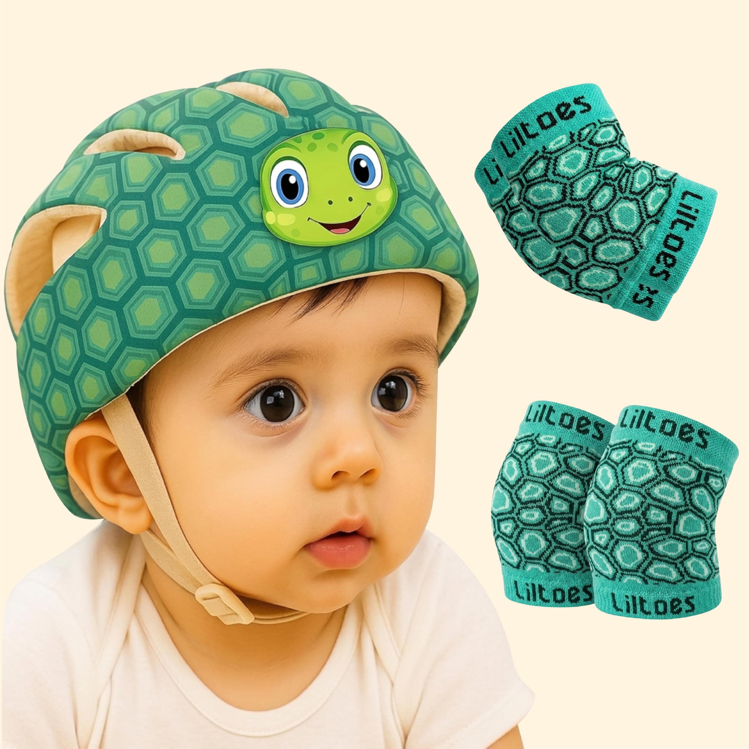 LILTOES Baby Head Protector for Safety of Kids 6M to 3 Years- Baby Safety Helmet with Proper Air Ventilation & Corner Guard Protection + 1 Pair Knee Pad + 1 Pair Elbow Pad (Yertle)