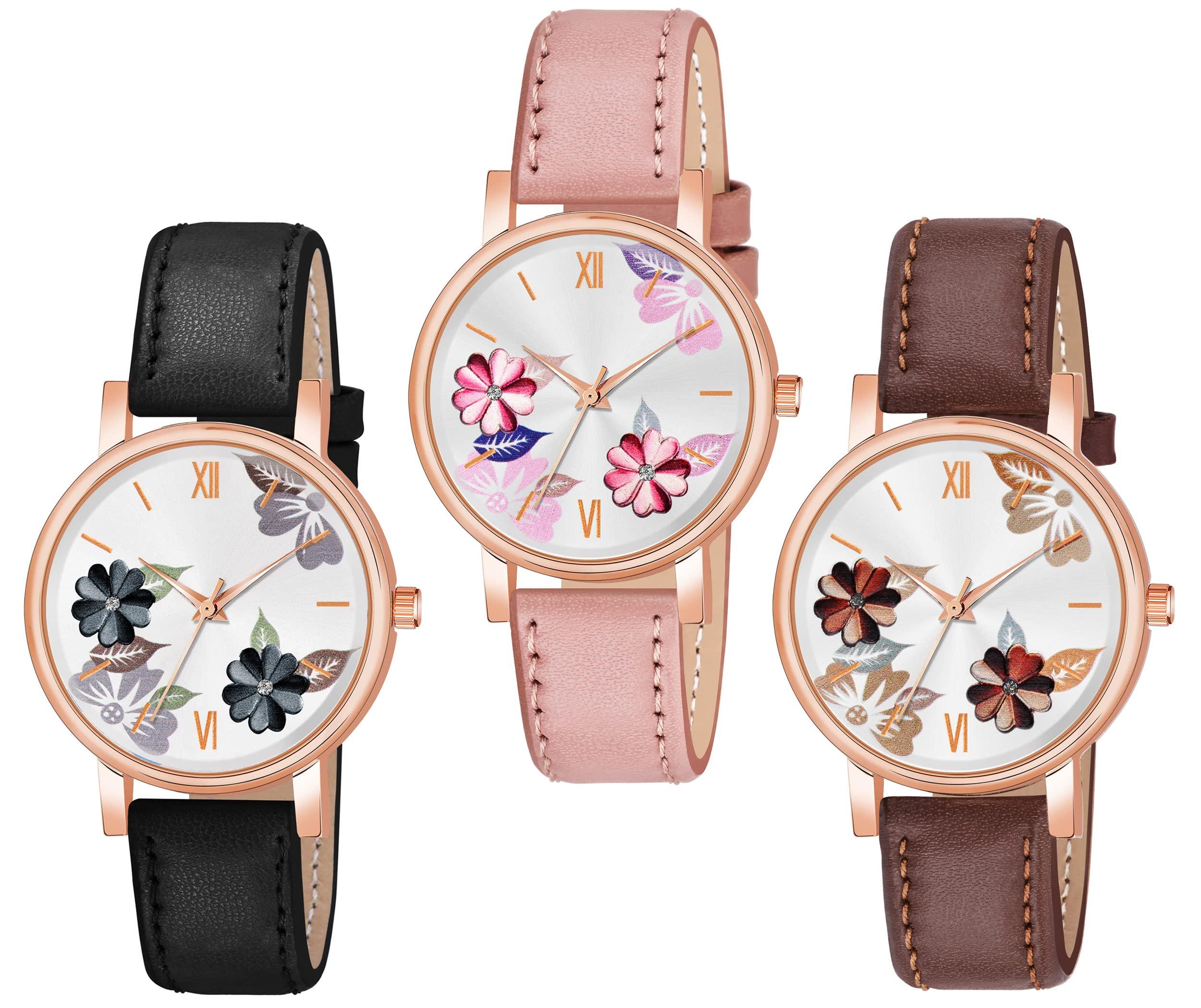 The Shopoholic Analog Flowered Dial Black Peach Brown Colour Leather Strap Combo Watch for Womens and Girls Pack of 3 Watches
