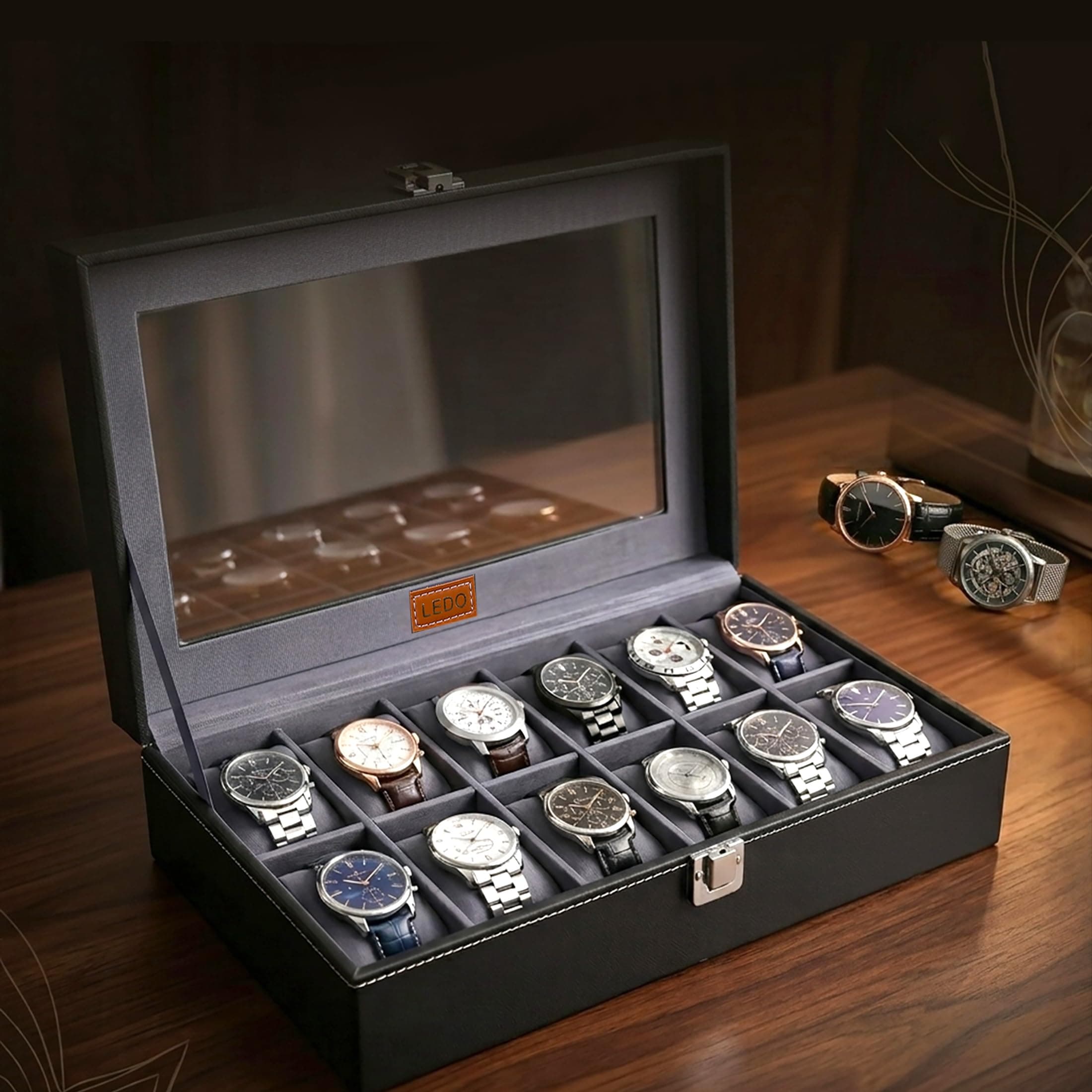 LEDO Men's and Women's Watch Box Holder Organizer Case In 12 Slots of watches In PU Leather with Black & Gray