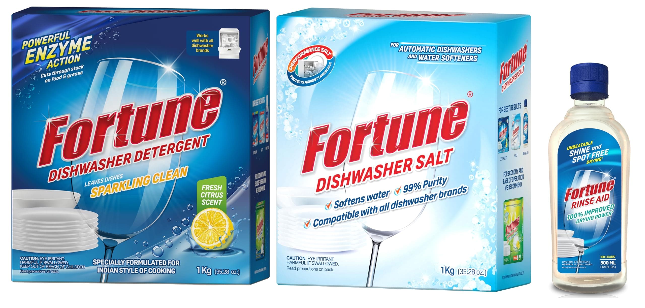 FORTUNE DISHWASHER STARTER COMBO - Dishwasher Detergent 1kg (Pack of 1), Salt 1kg (Pack of 1) & Rinse Aid 500ml (Pack of 1)