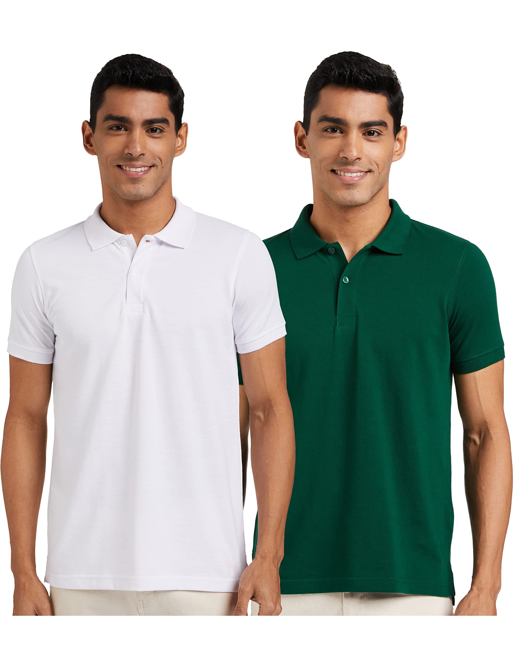 Amazon Brand - Symbol Men's Cotton Rich Polo T Shirt | Collar Tshirts | Half Sleeves | Plain (Combo Pack of 2) - Regular Fit (Eden Green & White_L)