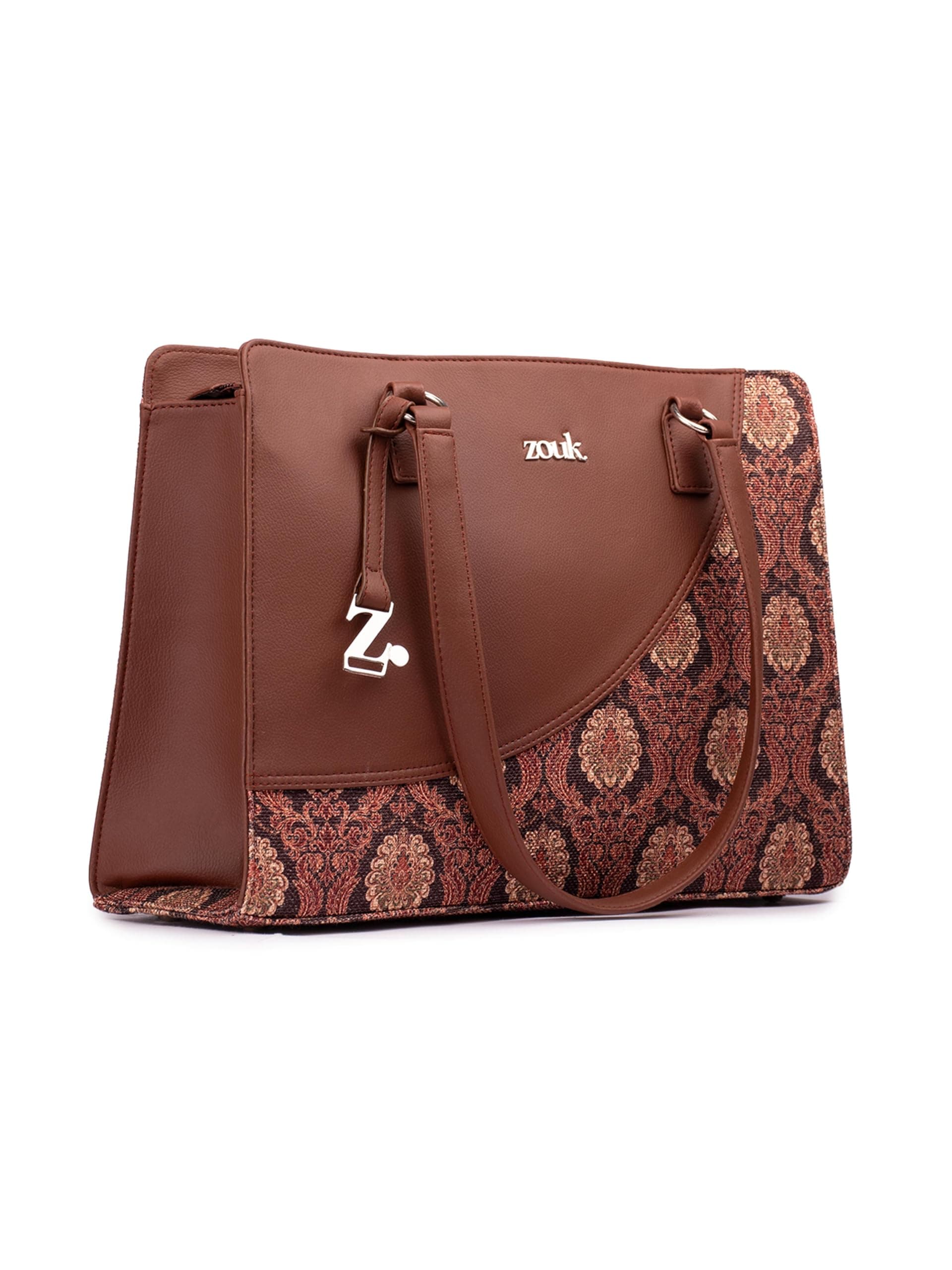 ZOUK Office Essential Bag | Jute | Vegan Leather Handcrafted Tote Bag With Double Handle Shoulder Strap | Jodhpur Damask