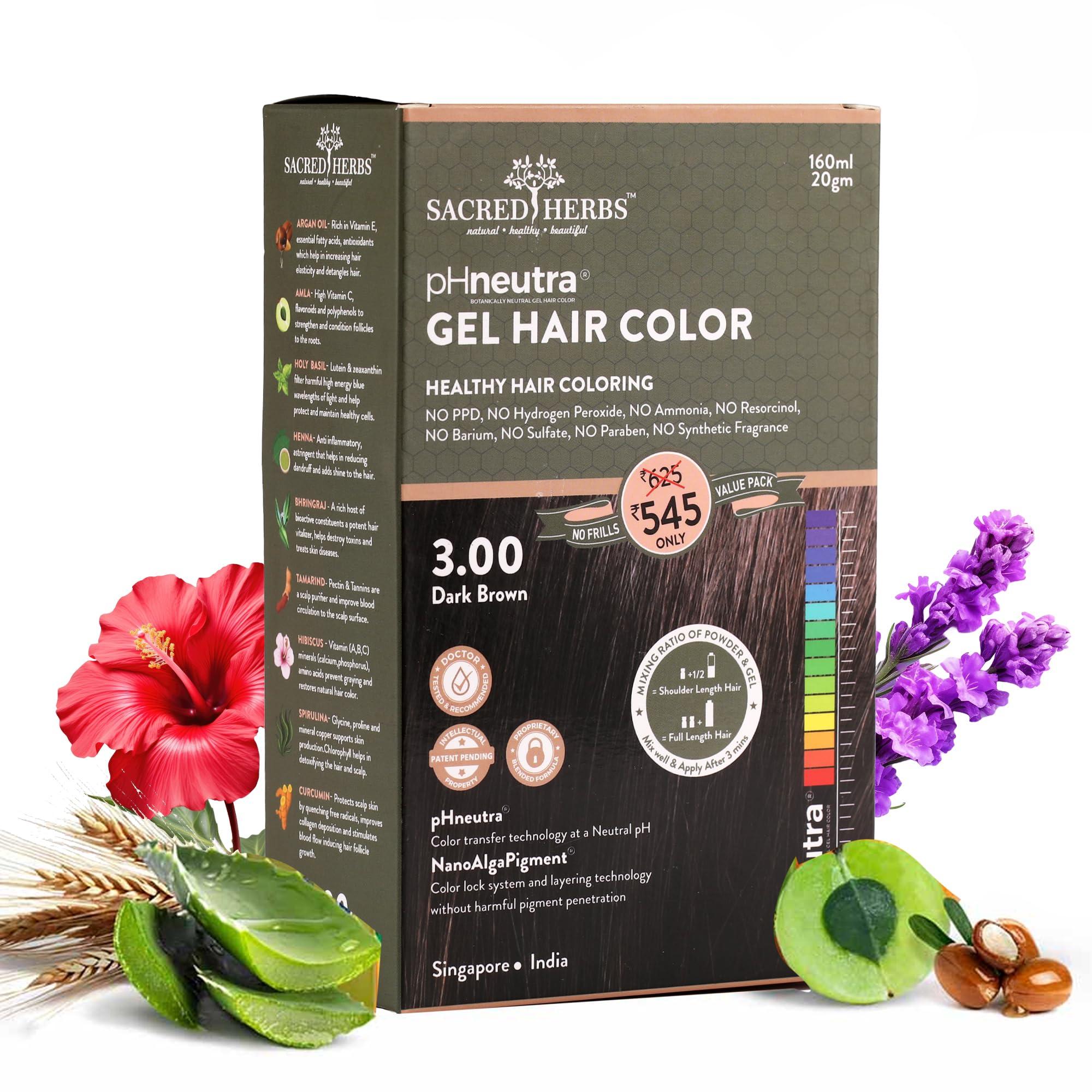 SACRED HERBS Natural Gel Hair Color India's 1st pH Neutral Formula Ammonia, PPD & Paraben Free 20+ Herbal Actives 100% Grey Coverage Conditioning & Damage Free for Women ( Dark Brown 3.00 ) 160ml + 20gm