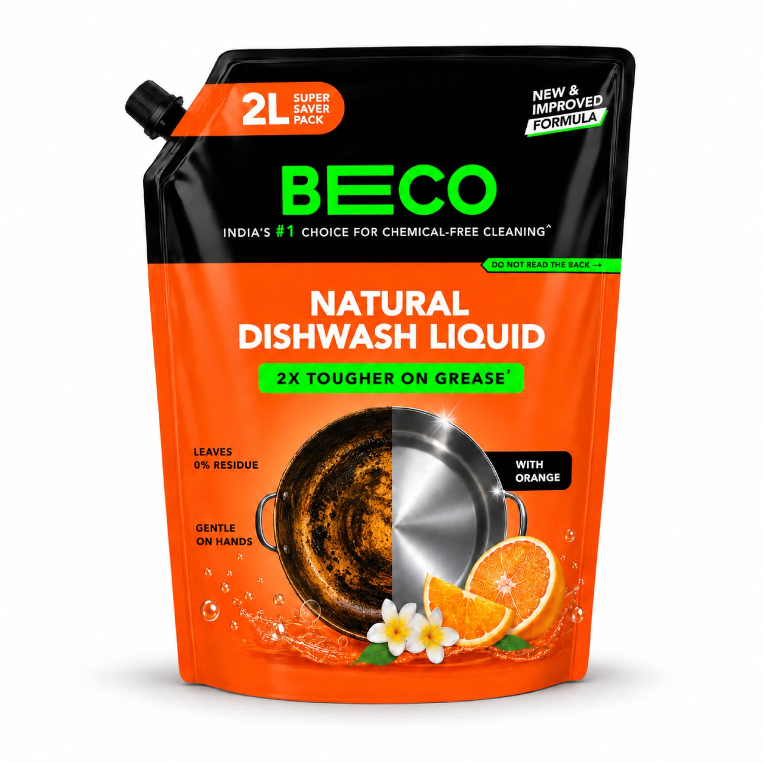 Beco Natural Dishwasher Liquid Refill | 2L Pack | Anti-Bacterial Formula | Orange Citrus Freshness | Ecofriendly Dish Washing Liquid Gel | Tough Grease Removal | Leaves No Residue on Utensils