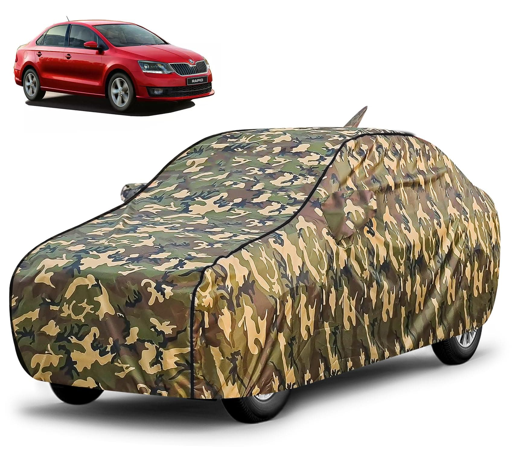 FABTEC Waterproof Car Body Cover for Skoda Rapid with Mirror and Antenna Pocket, Triple Stitched (Military, Jungle Print, Camouflage Design)