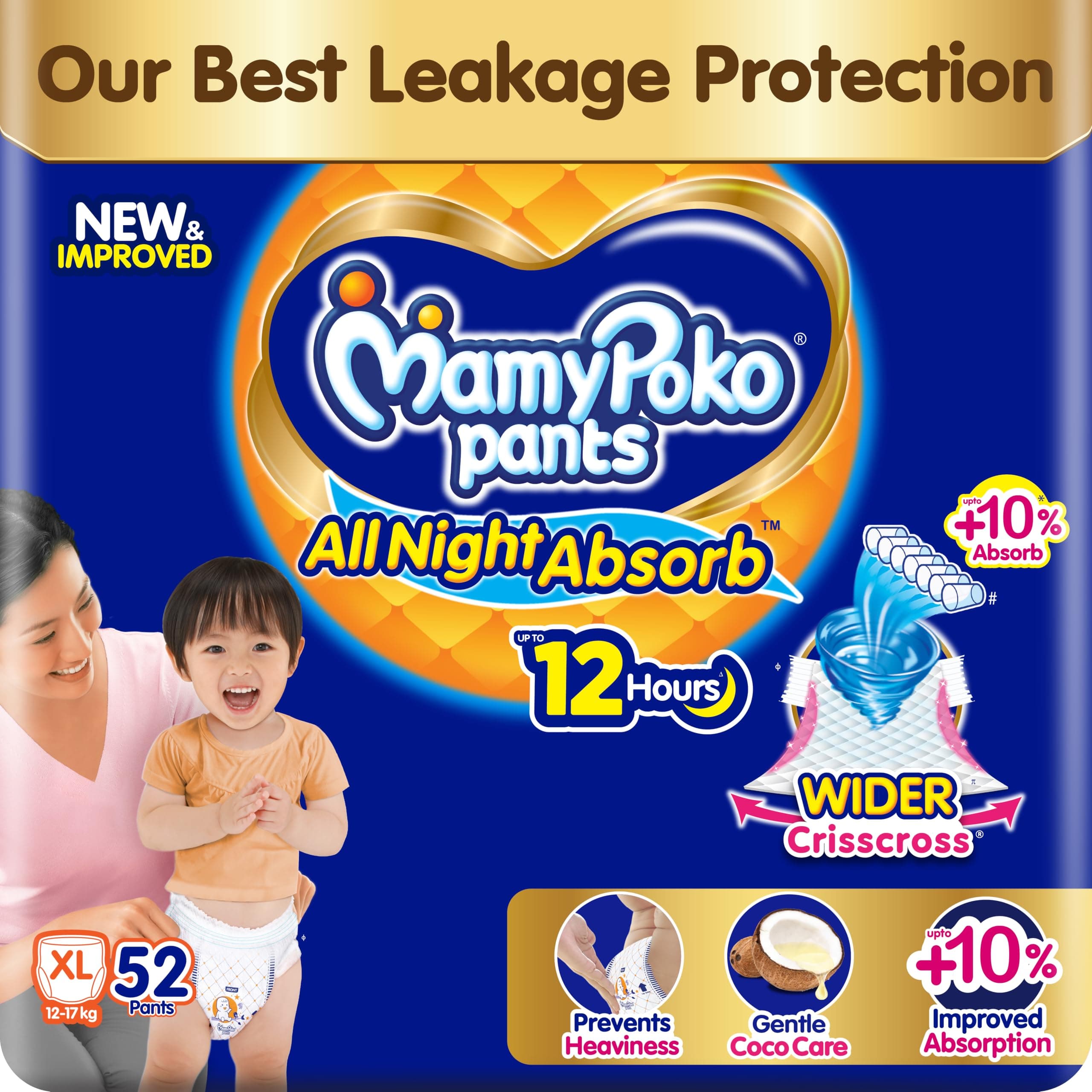 MamyPoko New Pants All Night Absorb|Pant Style Baby Diapers X- Large Size(XL), 52 Count, Ideal for 12-17Kgs|1 Diaper= Upto All Night Absorption now with 10% increased power|Wider Crisscross Sheet
