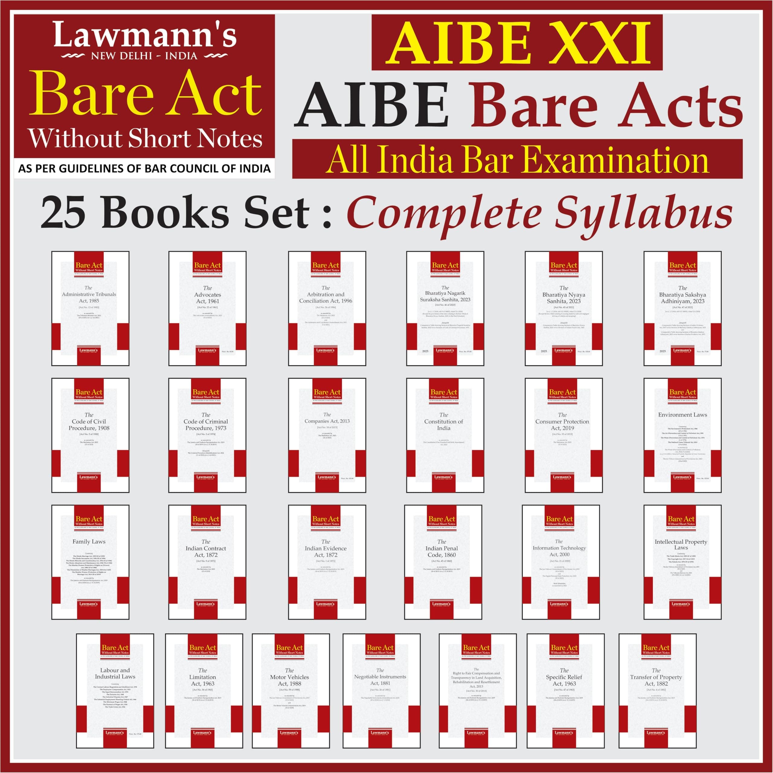 AIBE Bare Acts without Notes | 25 Books Set Combo | Full Syllabus with 50+ Acts including New Criminal Laws BNSS, BNS, BSA | As per Bar Council of India Guidelines | Edition 2026