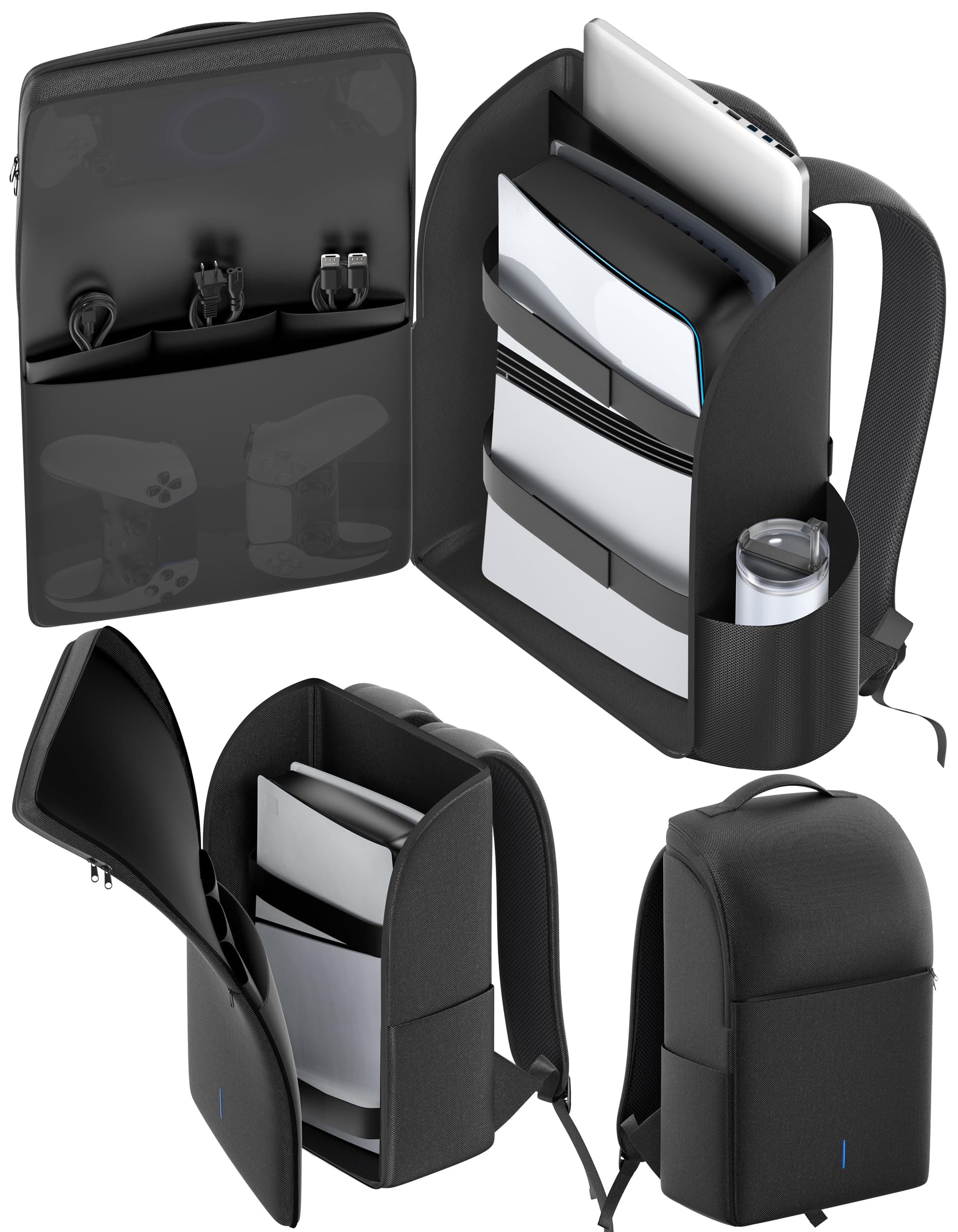 Backpack for PS5/ Slim/ Pro Console, Fully Zip-Open PS5 Carrying Case Travel Bag, Large Capacity PS 5 Storage Bag for Dual Controllers,PS Portal, Laptop, Game Cards, Backpack with 3 Cable Pouch,Black