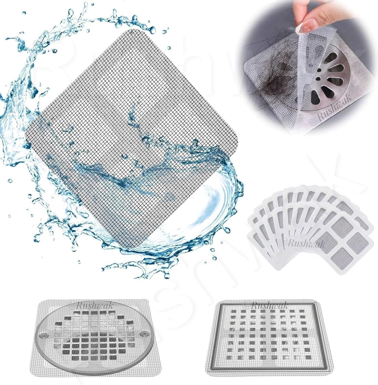 Rushwak Large Upgraded Drain Cover Hair Catcher (Pack of 20) Disposable Waterproof Drain Guard Mesh Stickers Drainage Jali Shower Drain Cover for Bathroom Floor Sink Bathtub (13cm x 13cm)