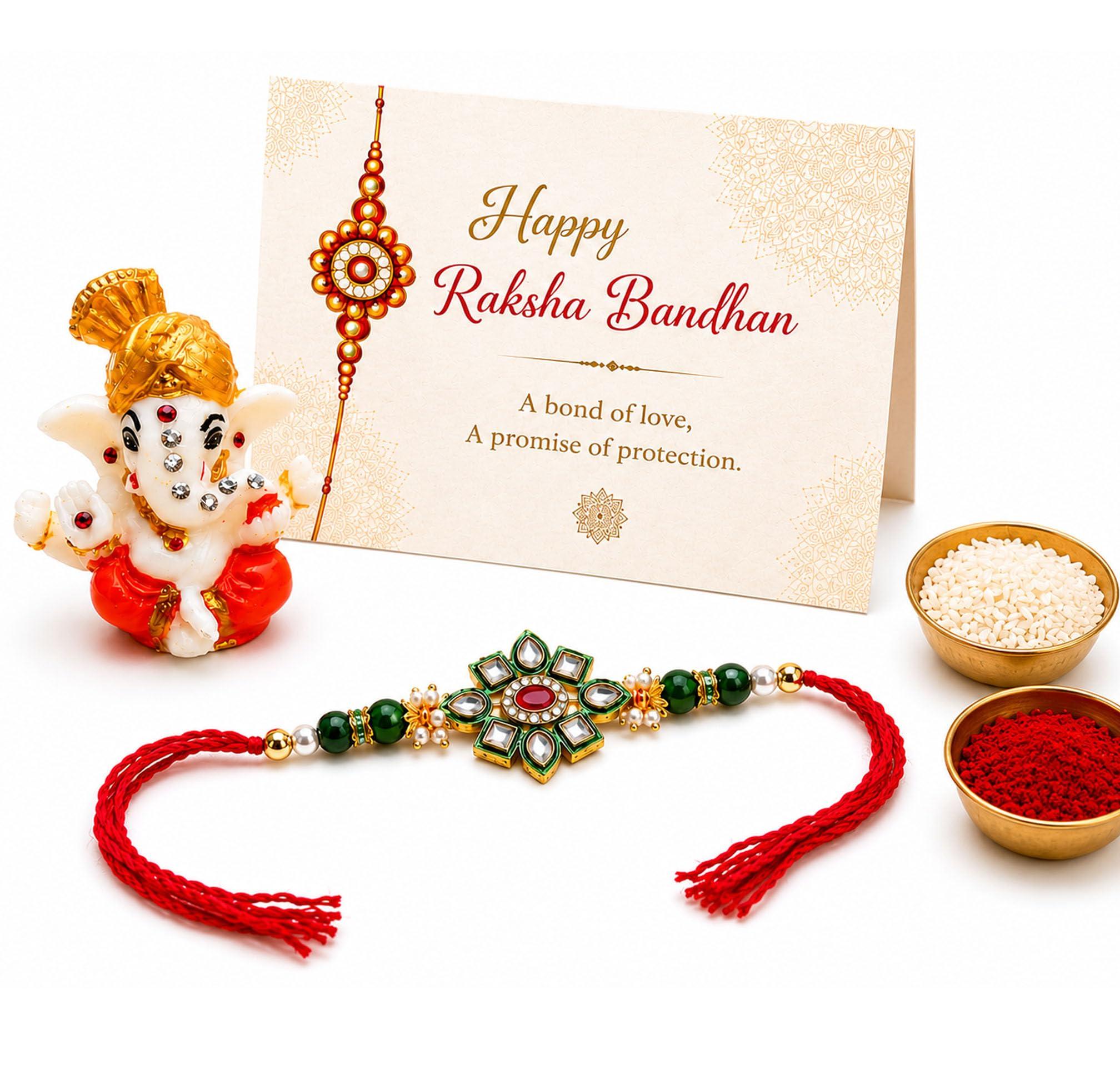 Designer Kundan Rakhi Set for Brother | Handmade with Ganesh Ji Idol, Roli Chawal & Raksha Bandhan Greeting Card Premium Traditional Gift Hamper, Ganesh Ji N, 1 Rakhi Set