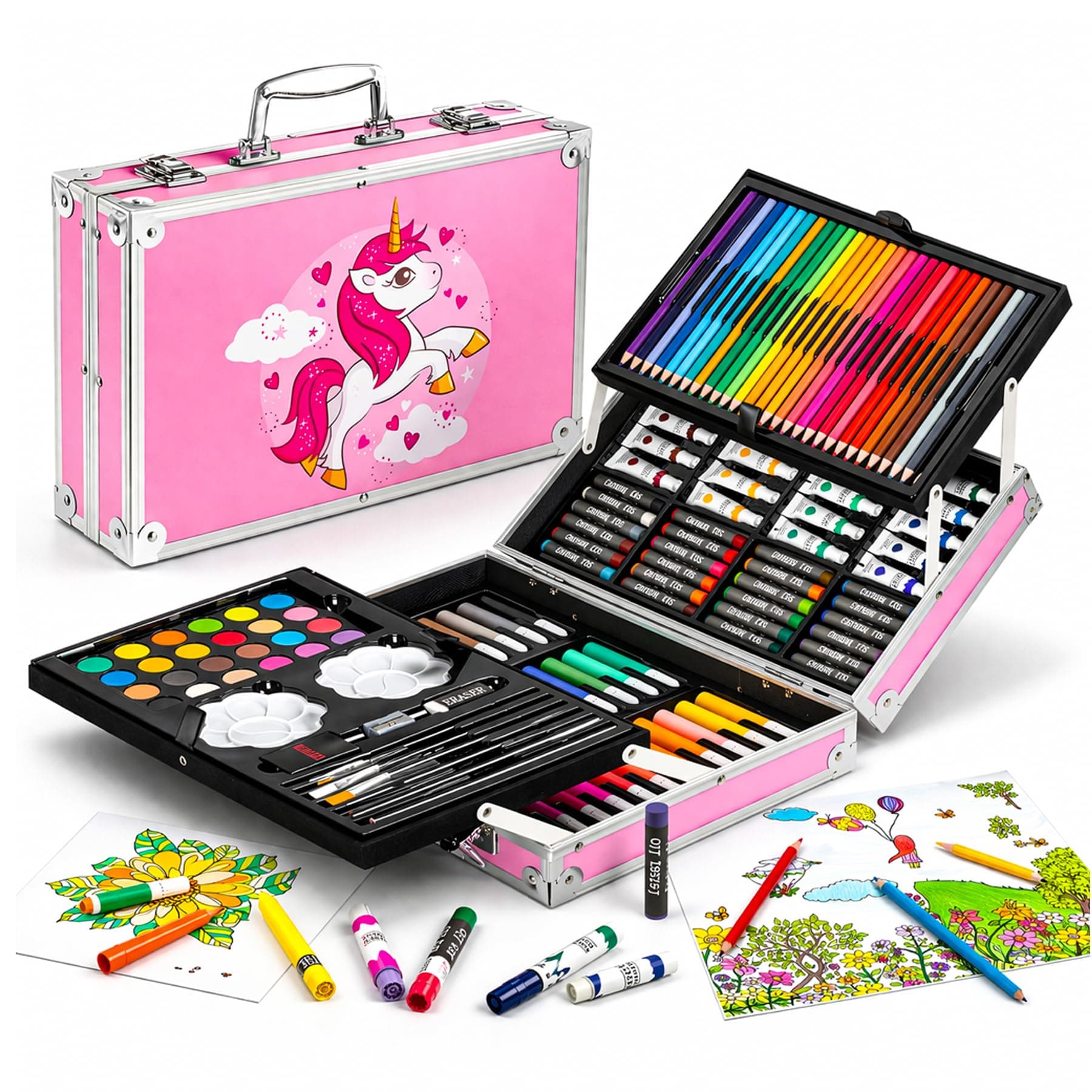 WISHKEY 145 Pieces Art Set for Kids with Unicorn Theme Storage Case, Art and Craft Supplies Kit for Drawing and Painting with Oil Pastel, Water Color, Color Pencils, Sketch Pen Pack of 1 Pink Or Blue