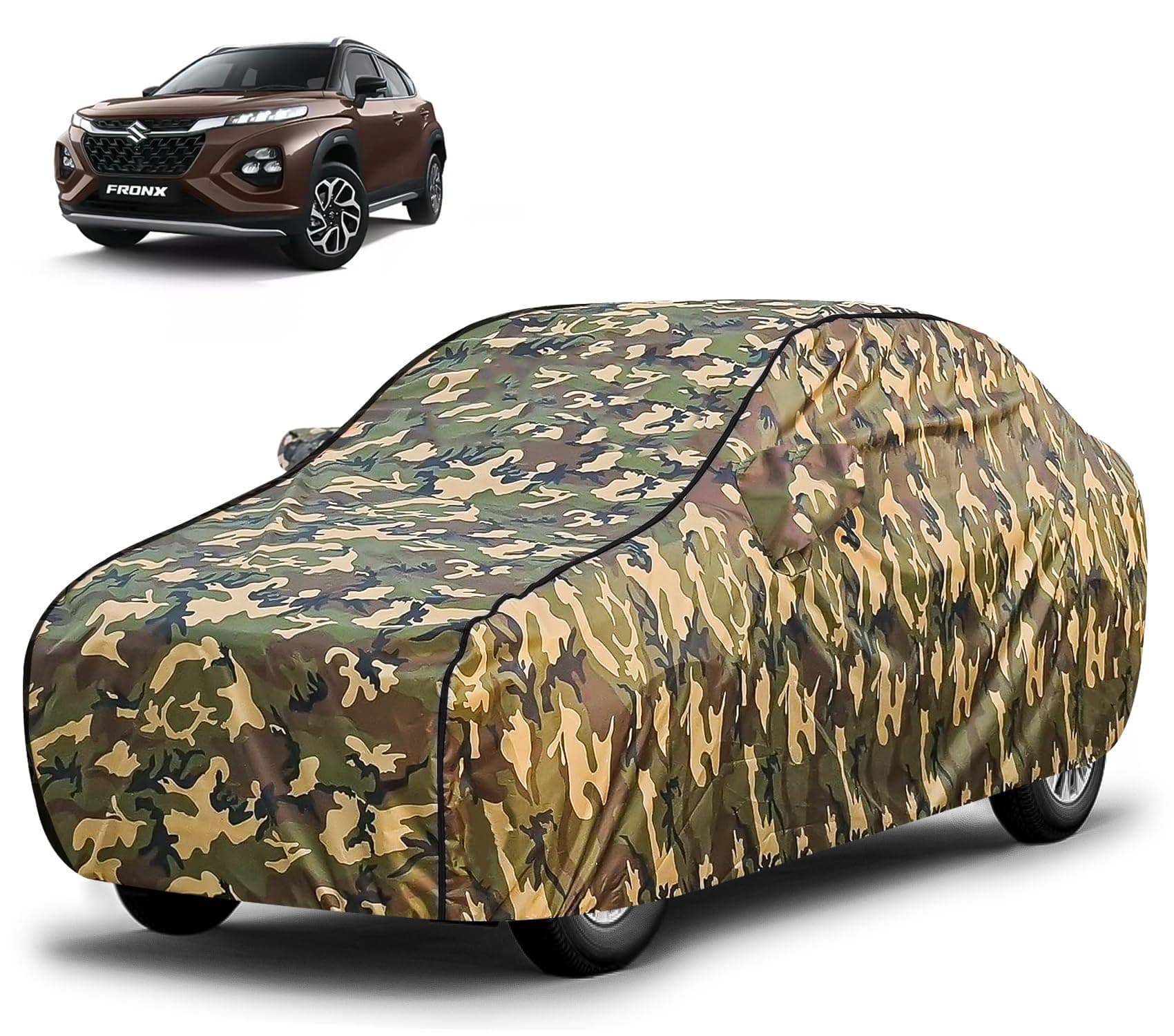FABTEC Waterproof Car Body Cover for Maruti Fronx with Mirror Pocket, Triple Stitched (Military, Jungle Print, Camouflage Design)