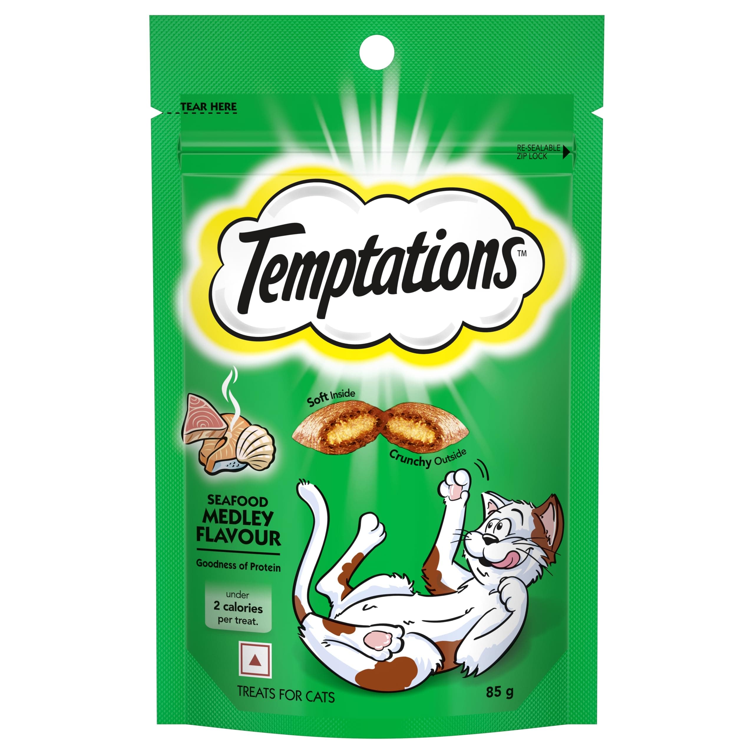 Temptations Crunchy Cat Treats, Seafood Medley Flavour, 85 g, Goodness of Protein, Vitamins & Minerals, Soft Inside Crunchy Outside, Adult, Chunk
