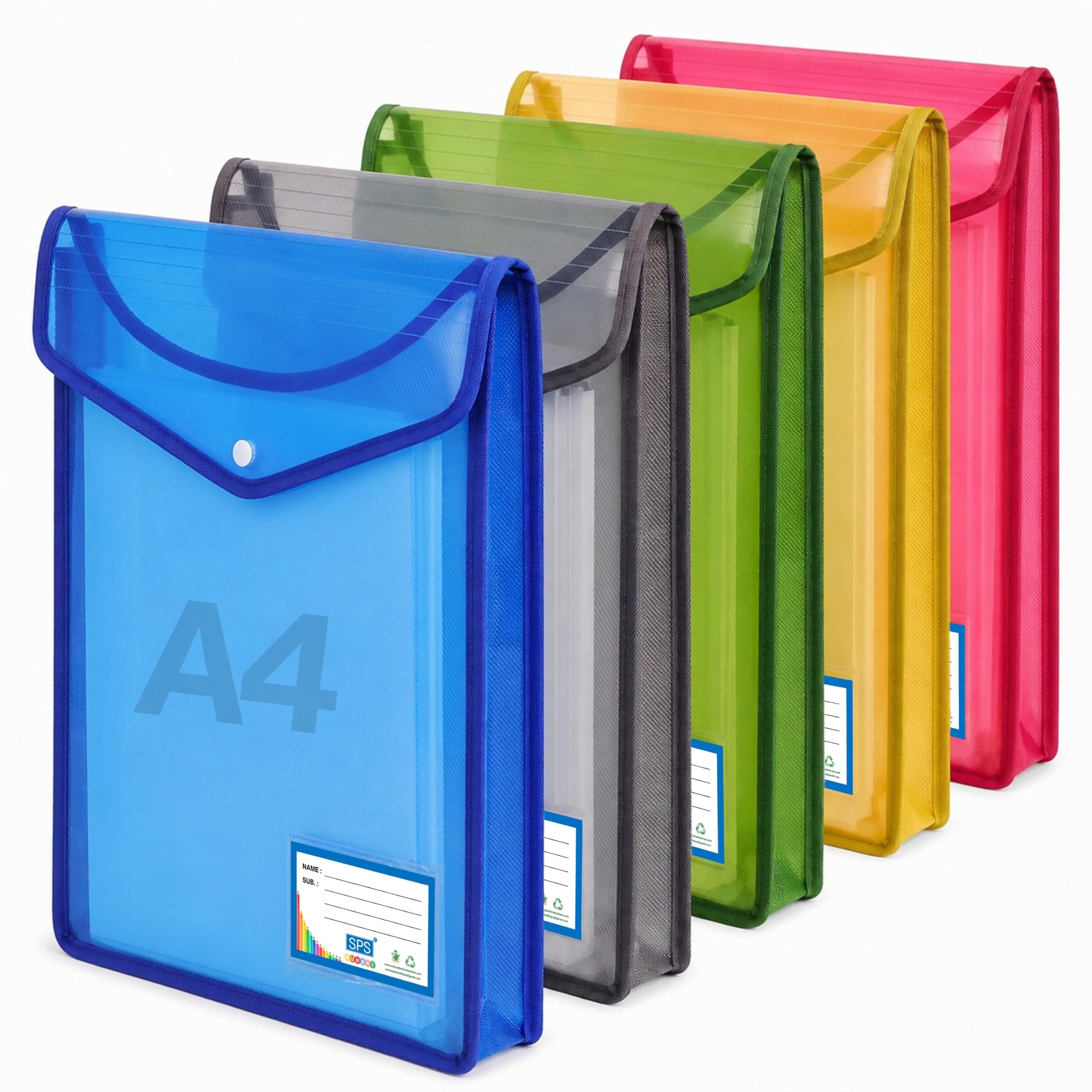 SPS File Folder, Vertical Poly-Plastic A4/Foolscap Transparent Documents File Storage Bag with Snap Button Set of 5/Certificate File Folder (Vertical, Multicolor, Pack of 5)
