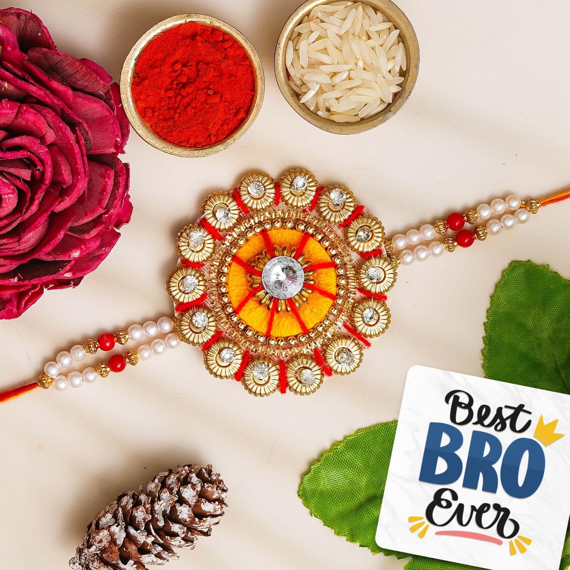 eCraftIndia Orange & Red Kundan Designer Rakhi for Brother with Best Bro Ever Fridge Magnet and Roli Chawal Pack