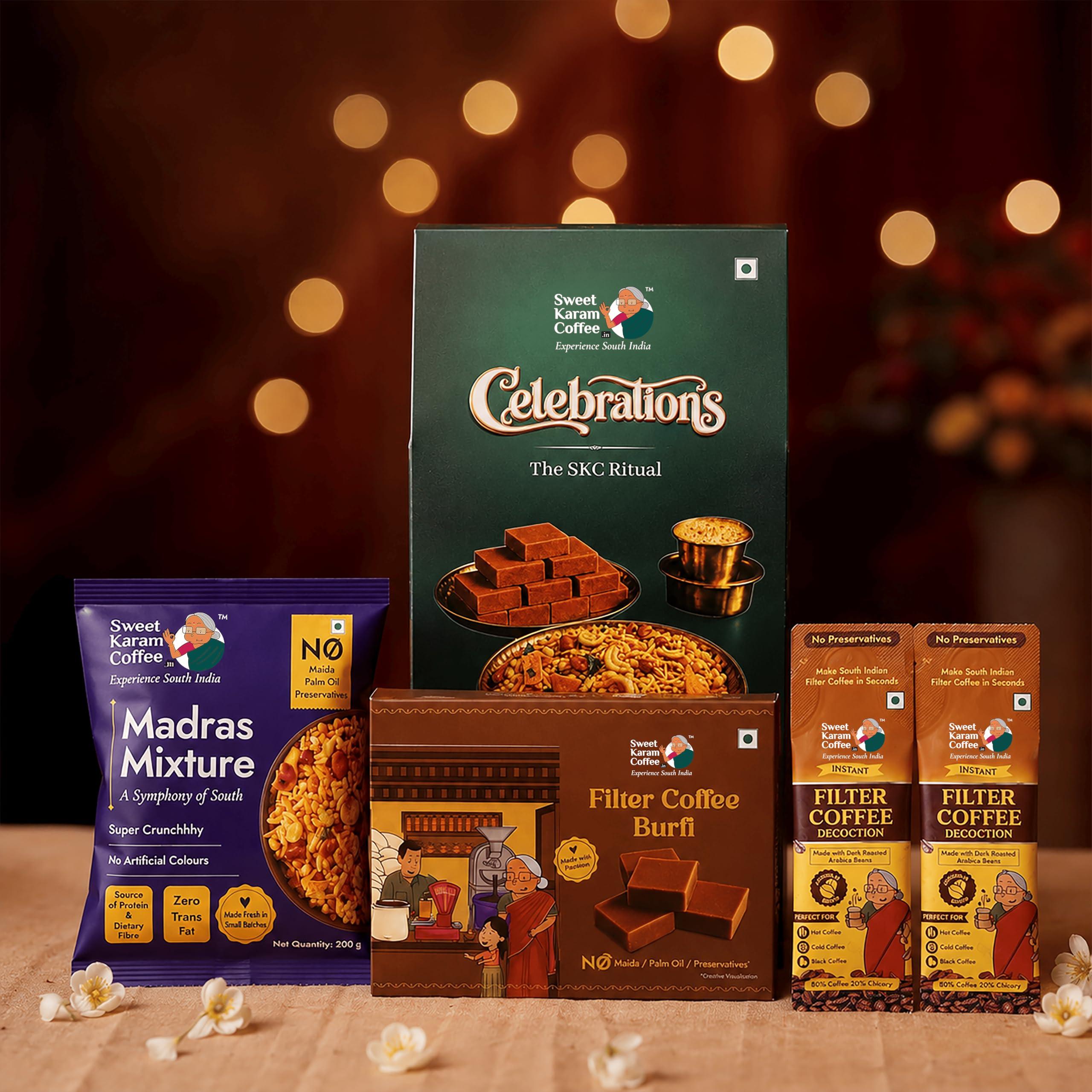 Sweet Karam Coffee Celebrations Ritual Hamper | Gift Hamper | Filter Coffee Burfi, Madras Mixture & Coffee Decoction | Festive Hamper | Janmashtami | Ganesh Chaturthi