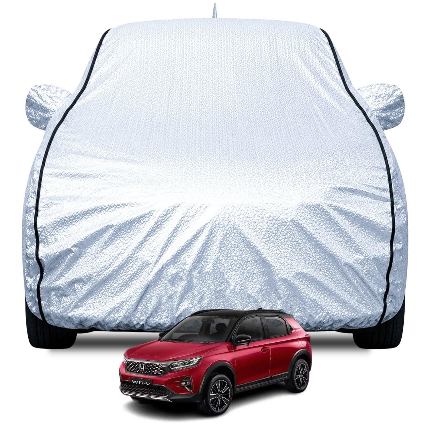 FABTEC Waterproof Car Body Cover for Honda WRV with Mirror and Antenna Pocket, Soft Cotton Lining, Triple Stitched (Heat Resistant Metallic Silver with Black Piping)