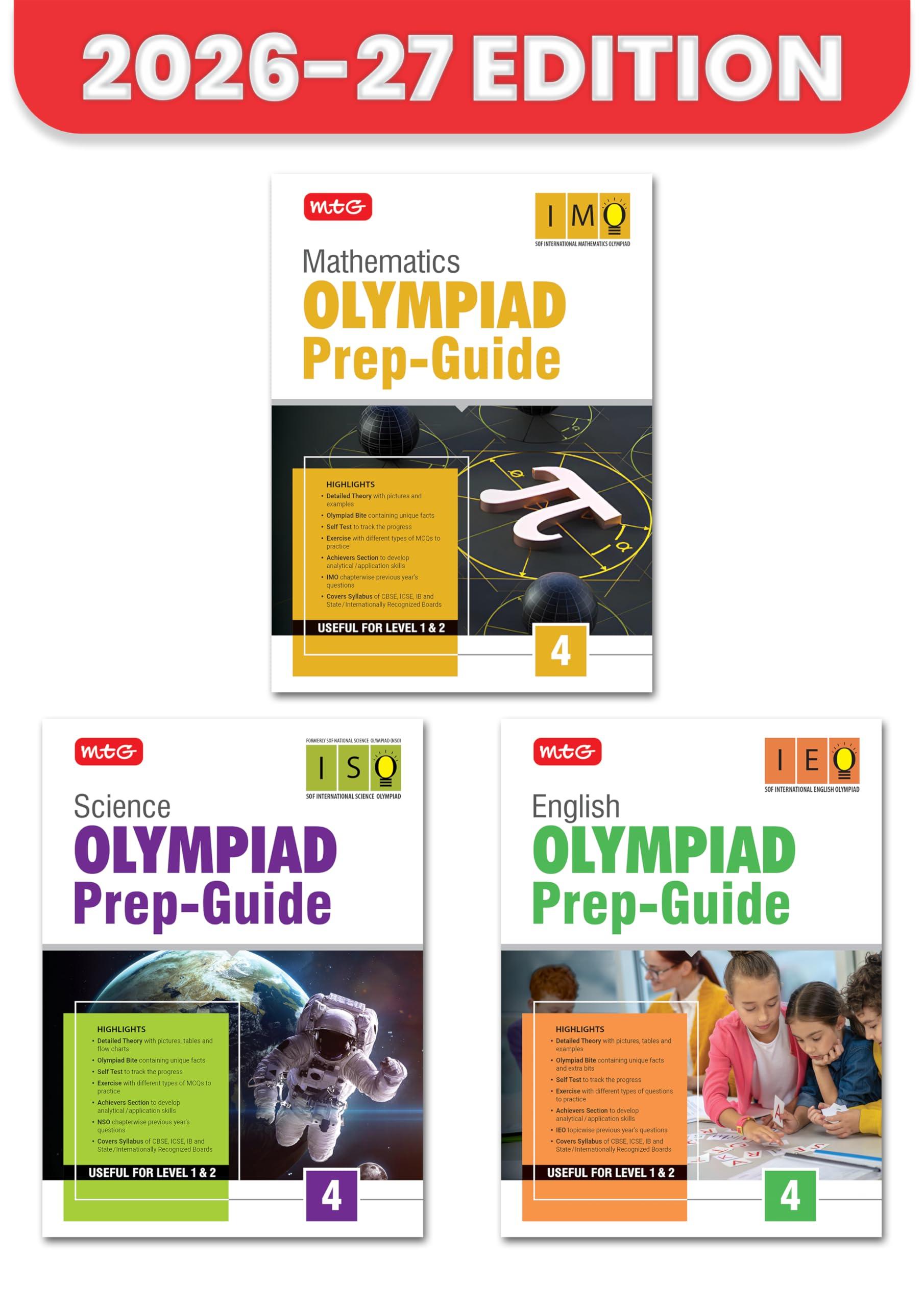 MTG Olympiad Prep Guide Class 4 Mathematics, Science & English (IMO-ISO-IEO) | Detailed Theory, Exercise with Self Test For Practice | SOF Olympiad Books For Exam 2026-27 (Set of 3 Books)