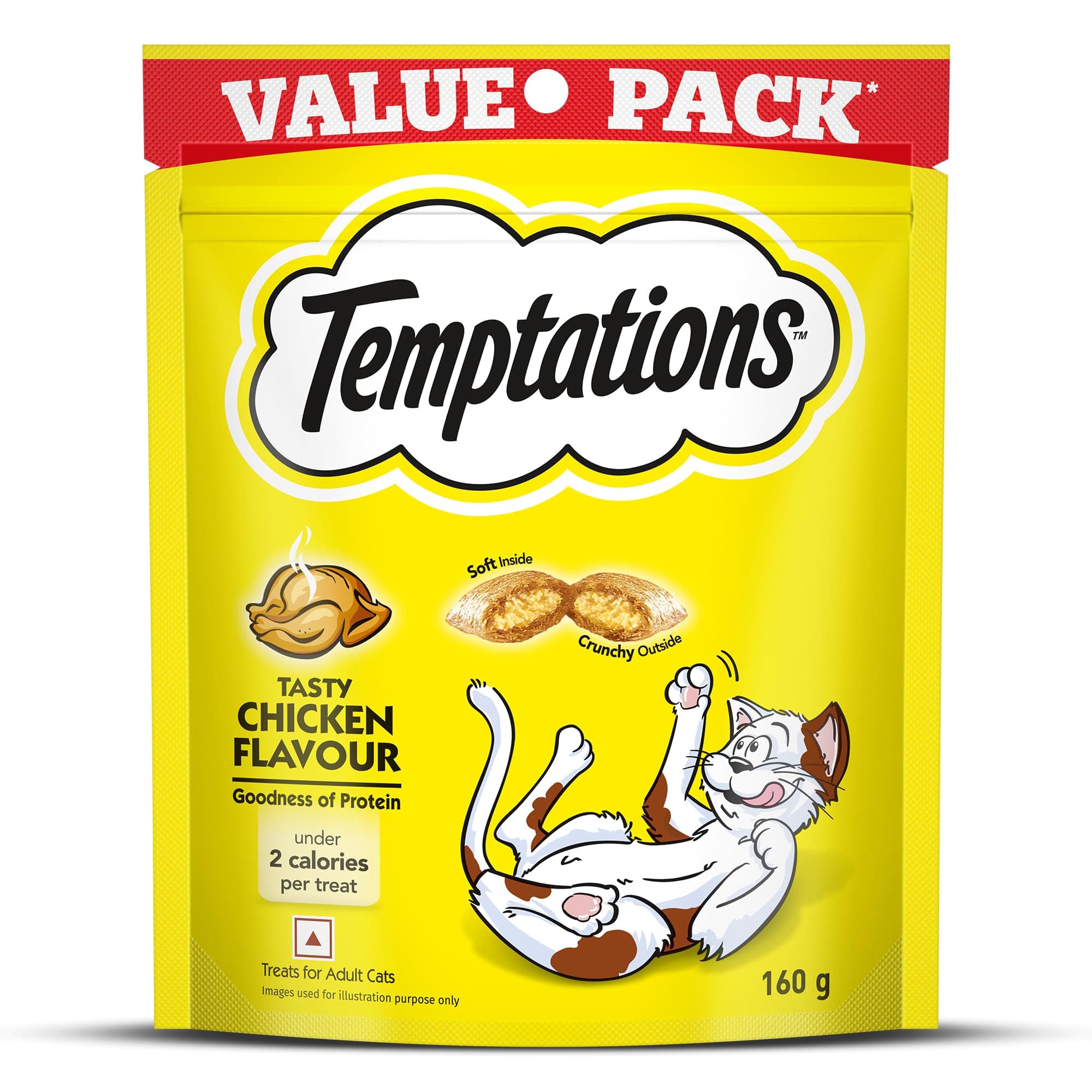 Temptations Cat Treats, Tasty Chicken Flavour, 160g Value Pack, Crunchy Outside Soft Inside, Goodness of Protein, Vitamins & Minerals, No Artificial Flavours, Resealable Pouch,Adult,Wafer (Standard)