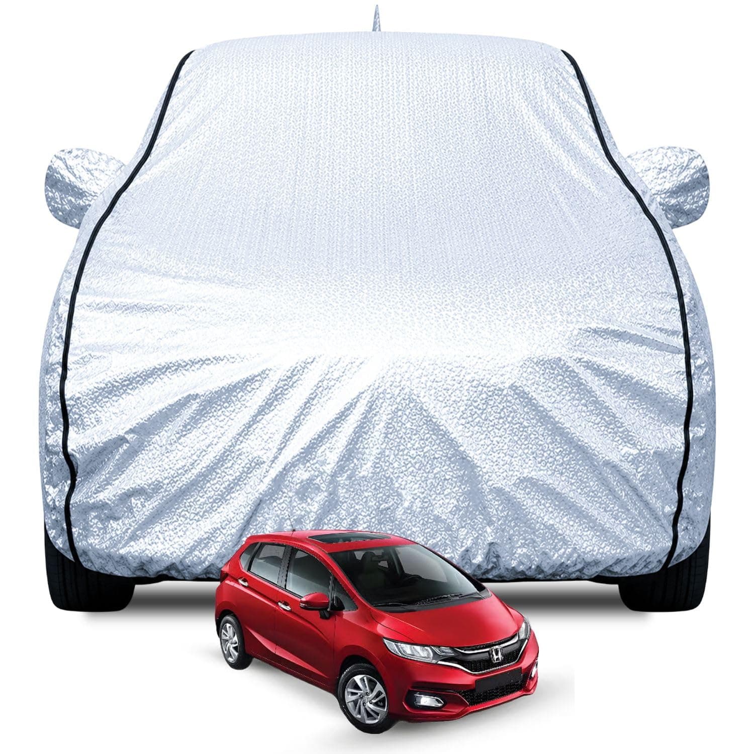 FABTEC Waterproof Car Body Cover for Honda Jazz with Mirror and Antenna Pocket, Soft Cotton Lining, Triple Stitched (Heat Resistant Metallic Silver with Black Piping)