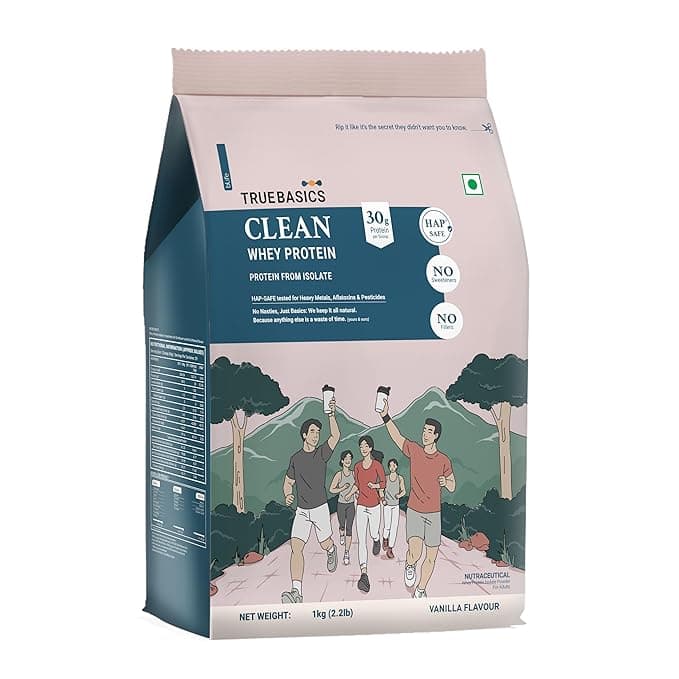 TrueBasics Clean Whey 100% Protein Isolate Powder (Vanilla, 1kg) | 30g Protein per Scoop | Trustified Gold Certified