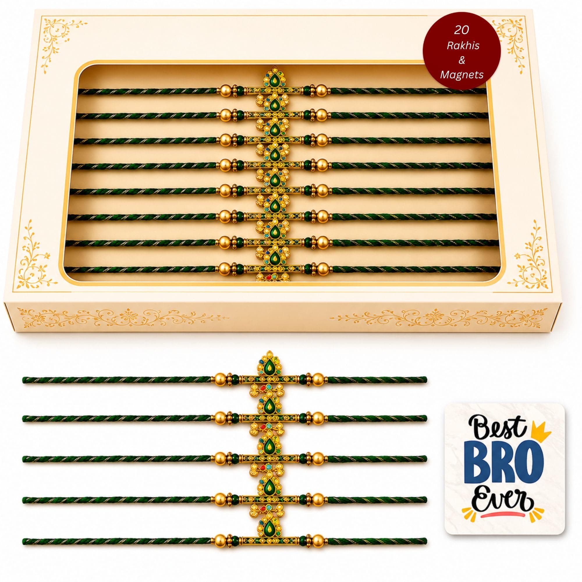 eCraftIndia Pack of 20 Green Golden Om & Peacock Feather Religious Designer Rakhi for Brother Bhaiya Bhai | 20 Best Bro Ever Fridge Magnets | Roli Chawal Pack | Raksha Bandhan Gift Set