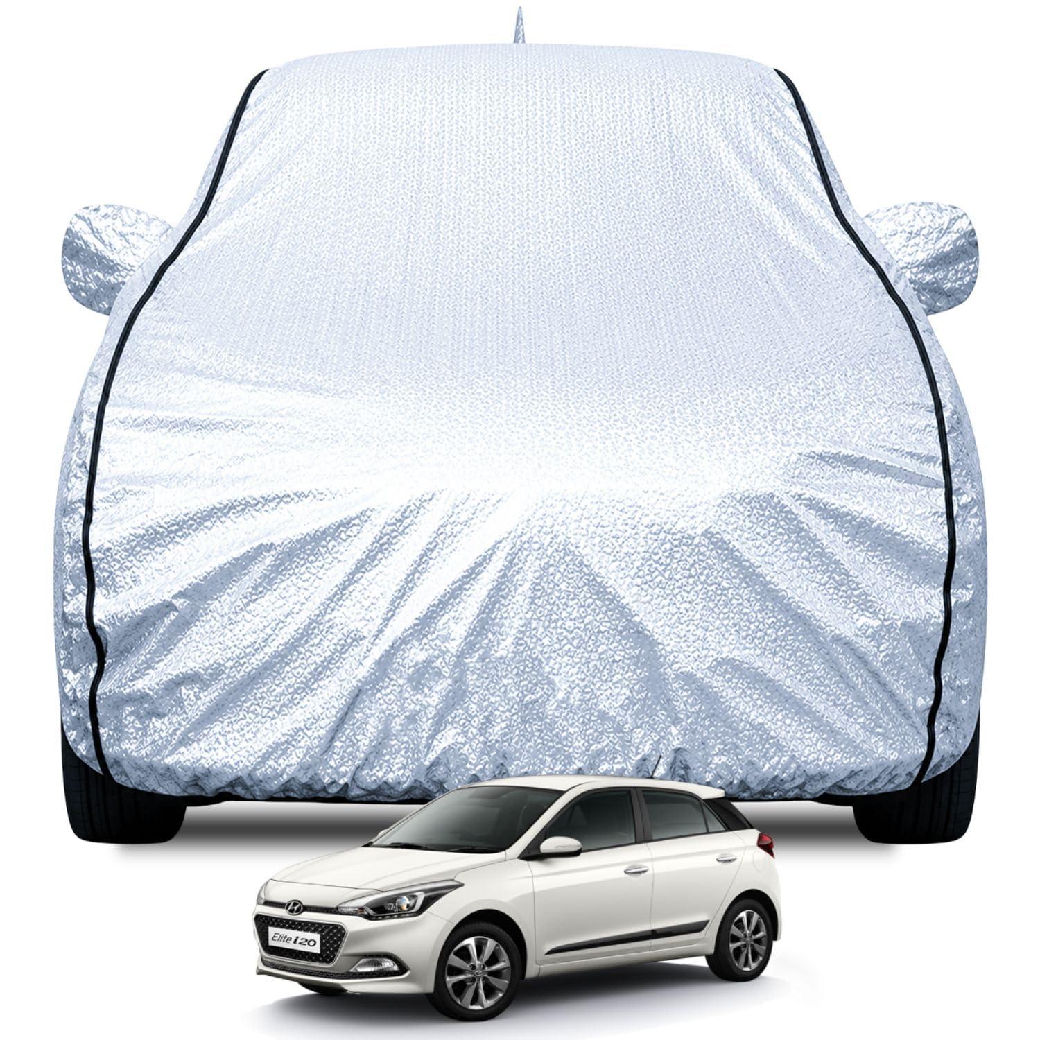 FABTEC Waterproof Car Body Cover for Hyundai Elite i20 (2015-2020) with Mirror and Antenna Pocket, Soft Cotton Lining, Triple Stitched (Heat Resistant Metallic Silver with Black Piping)