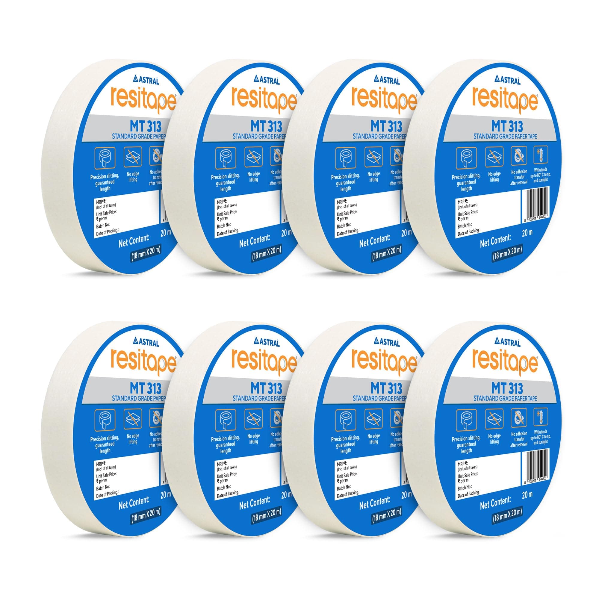 RESITAPE Astral MT (313) Paper Tape | 18 mm x 20 mtr | Pack of 8 | Eco-friendly | Easy-tear Masking Tape, Long Holding Time | Residue-free Removal | Multi-surface Use