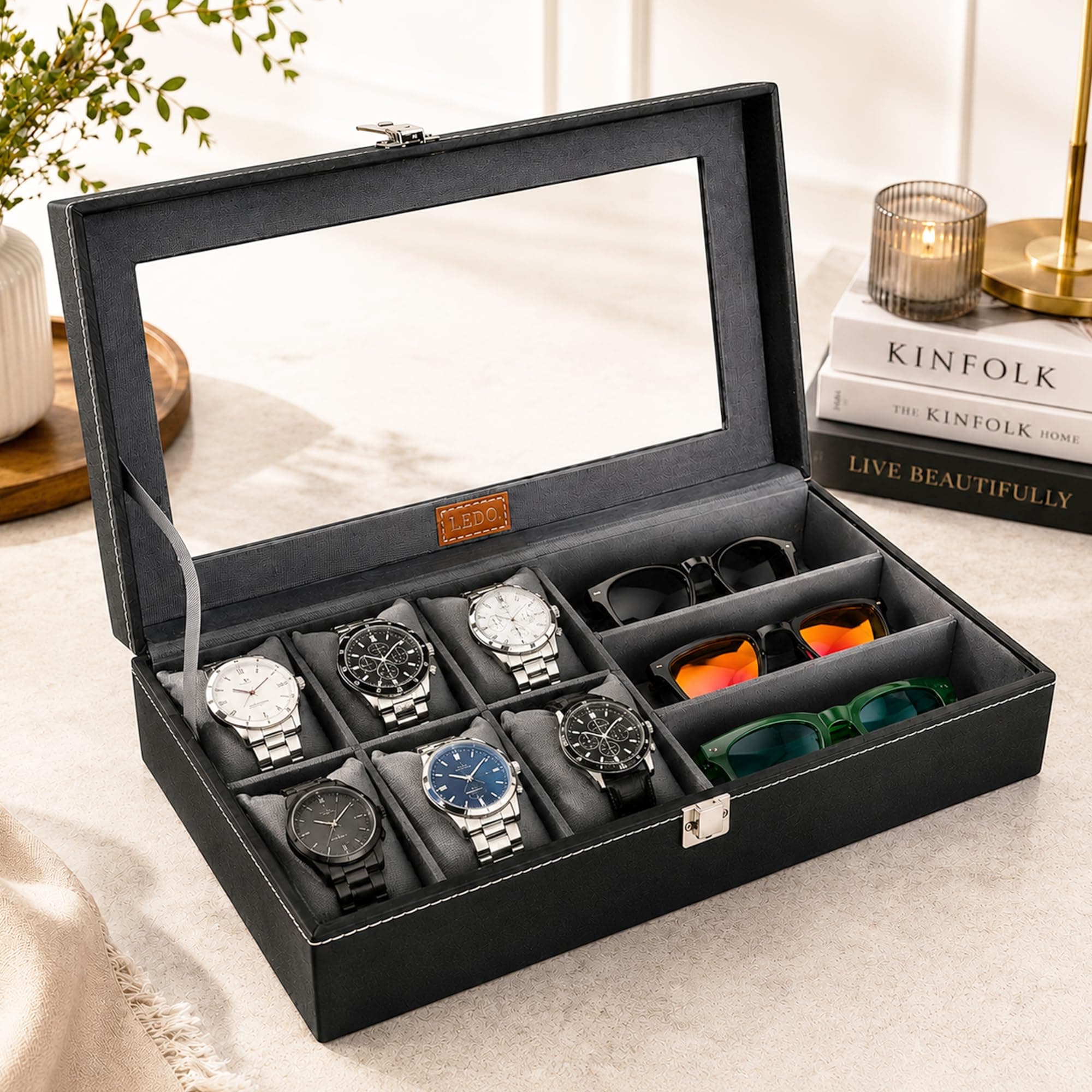 LEDO Watch Case Box and Sunglass Box Holder in PU Leather with 6 Slots for Watches and 3 Slots for Sunglasses Balck & Gray color