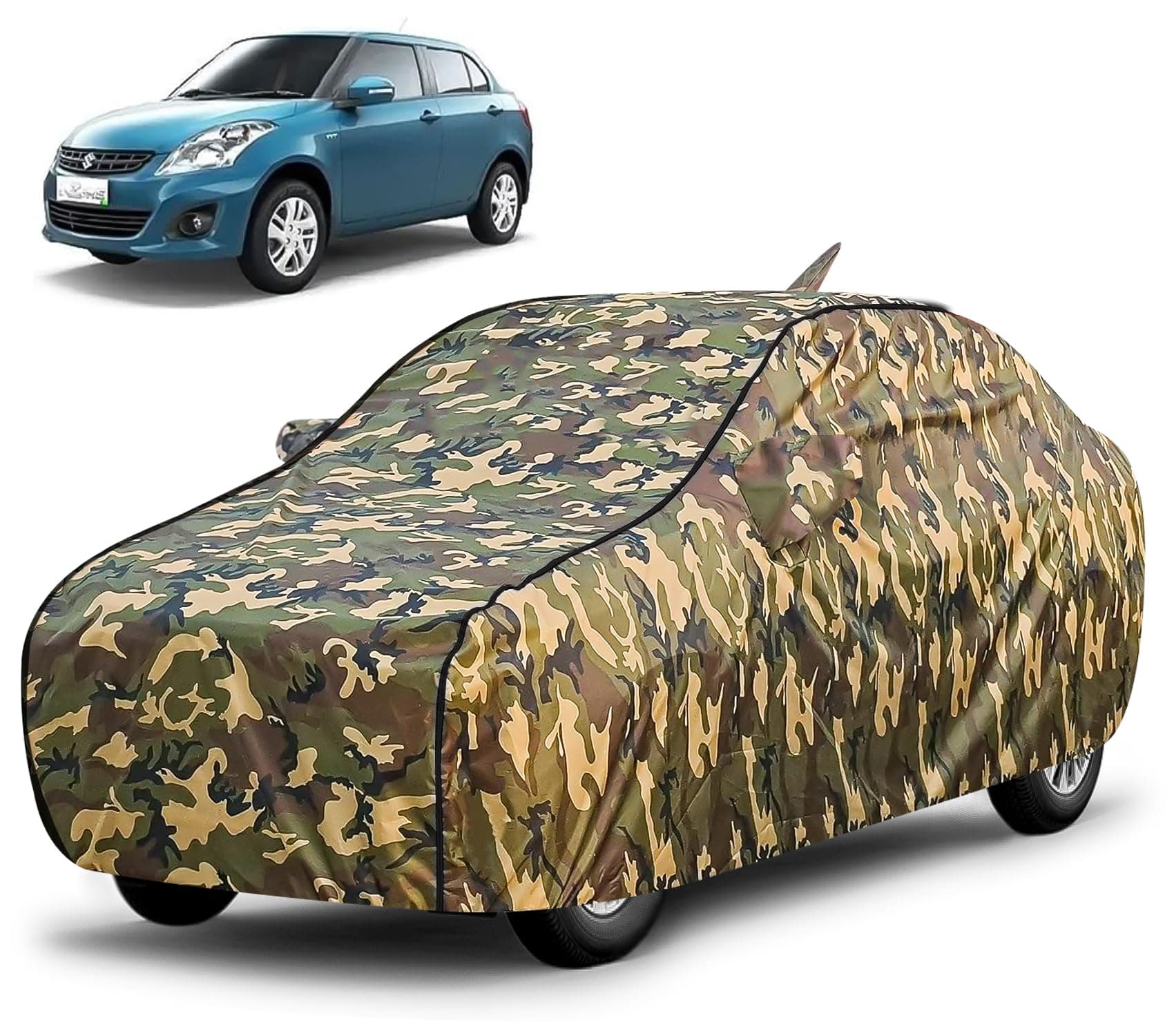 FABTEC Waterproof Car Body Cover for Maruti Dzire (2012-2016) with Mirror and Antenna Pocket, Triple Stitched (Military, Jungle Print, Camouflage Design)