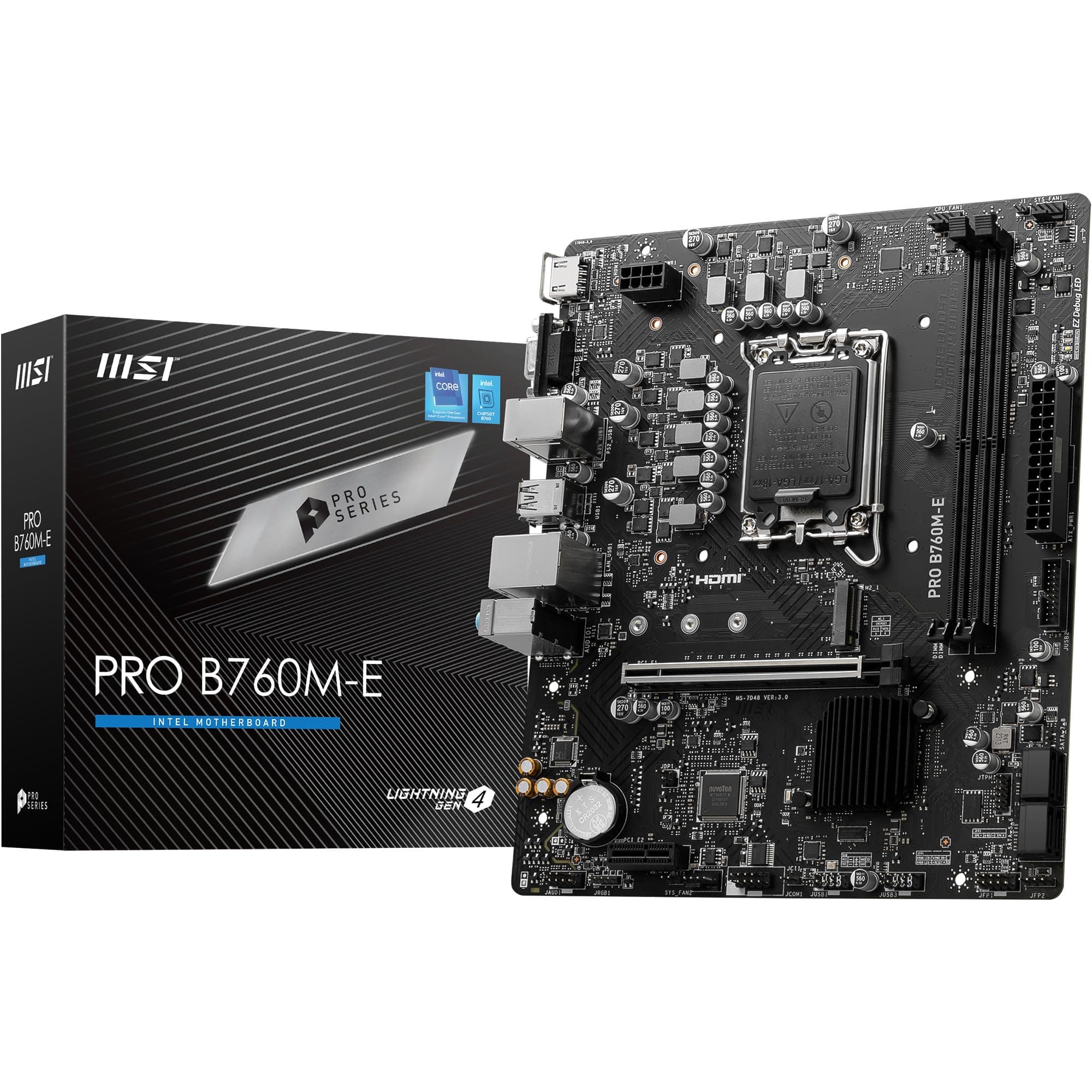 MSI PRO B760M-E Motherboard, Micro-ATX - Supports 14th/13th/12th Gen Intel Core Processors, LGA 1700 - DDR5 Memory Boost 5600MHz, PCIe 4.0 x16 Slot, M.2 Gen4 Slot