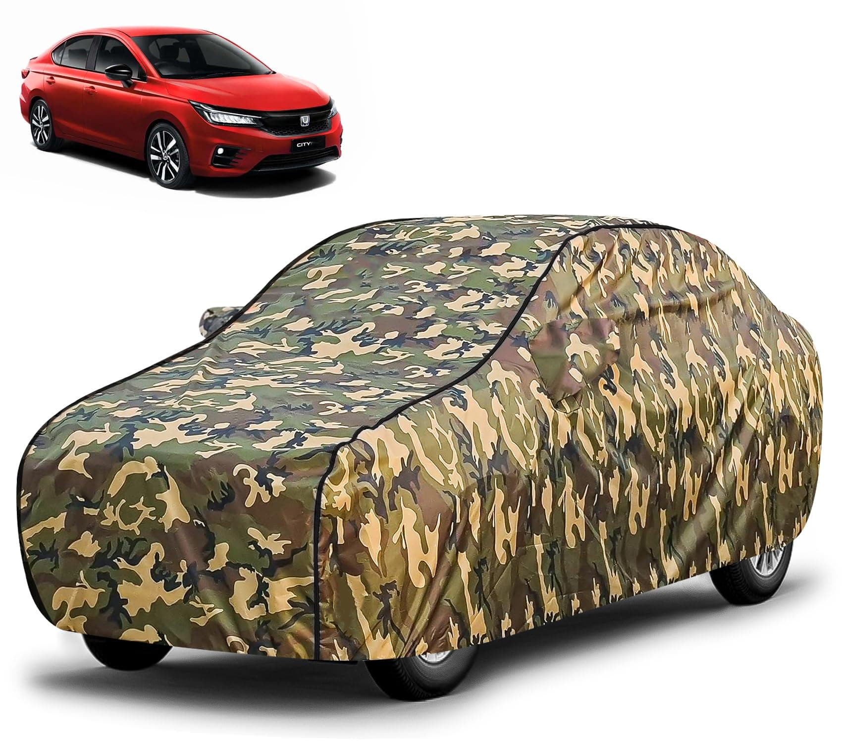 FABTEC Waterproof Car Body Cover for Honda City with Mirror Pocket, Triple Stitched (Military, Jungle Print, Camouflage Design)