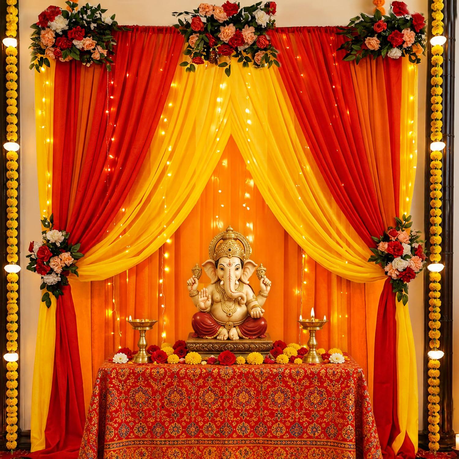 SpecialYou® Ganpati Decoration Setup for Home, Wedding Decoration Items for Home, Haldi Decorations Set for Wedding, Mehndi Decorations Items for Marriage, Back Drop Curtain for Decor- 11 pcs